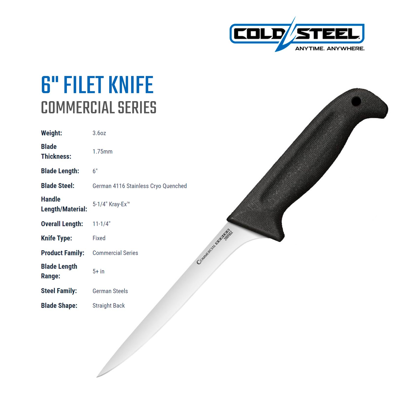 Cold Steel 6" German Filet 4116 Stainless Steel Fixed Blade Straight Narrow Back Full-Tang Game & Fish Processing Cutting Filleting Boning Knife with Ergonomic Kray-Ex Handle