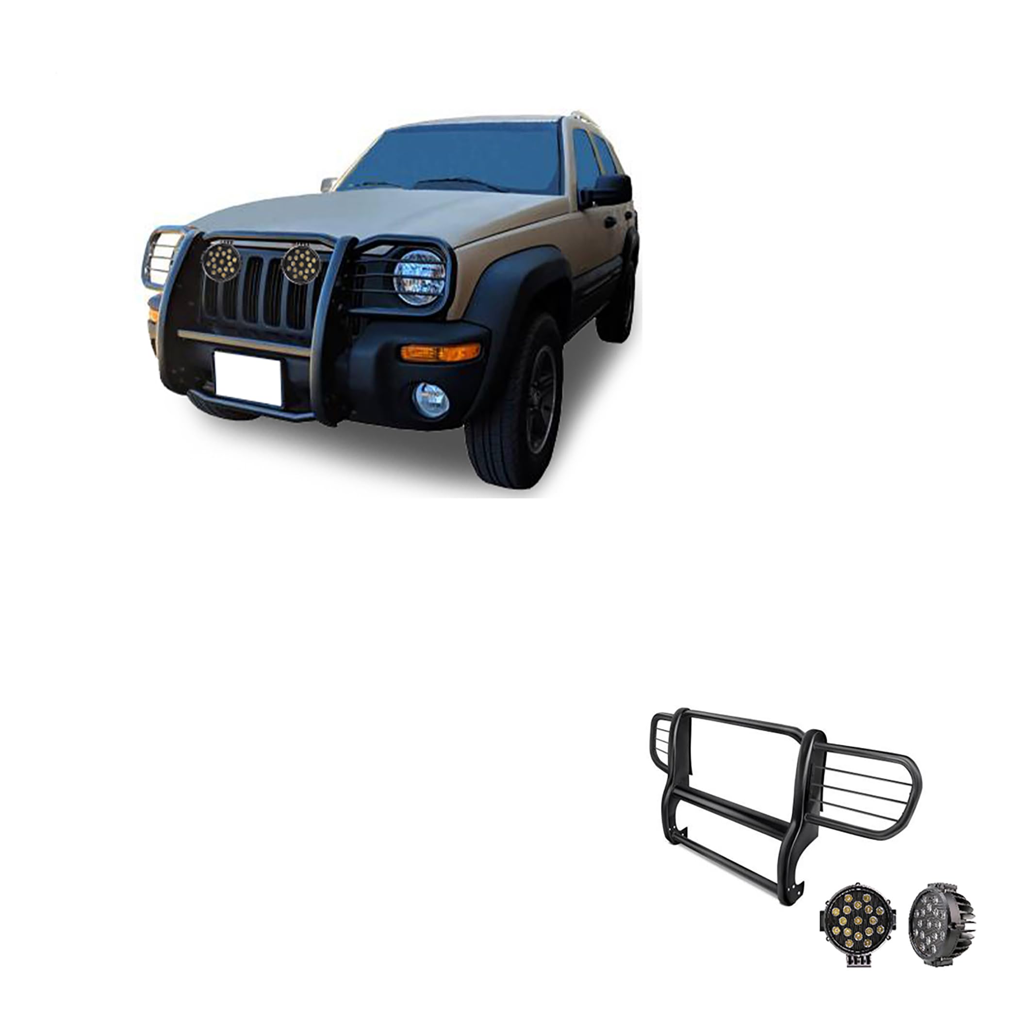 Grille Brush Black Horse Bumper Guard Modular Black Come with Pair of 7.0" Dia.LED Lights with Black Trim Rings Compatible with 2002-2007 Jeep Liberty-17EH26MA-PLB