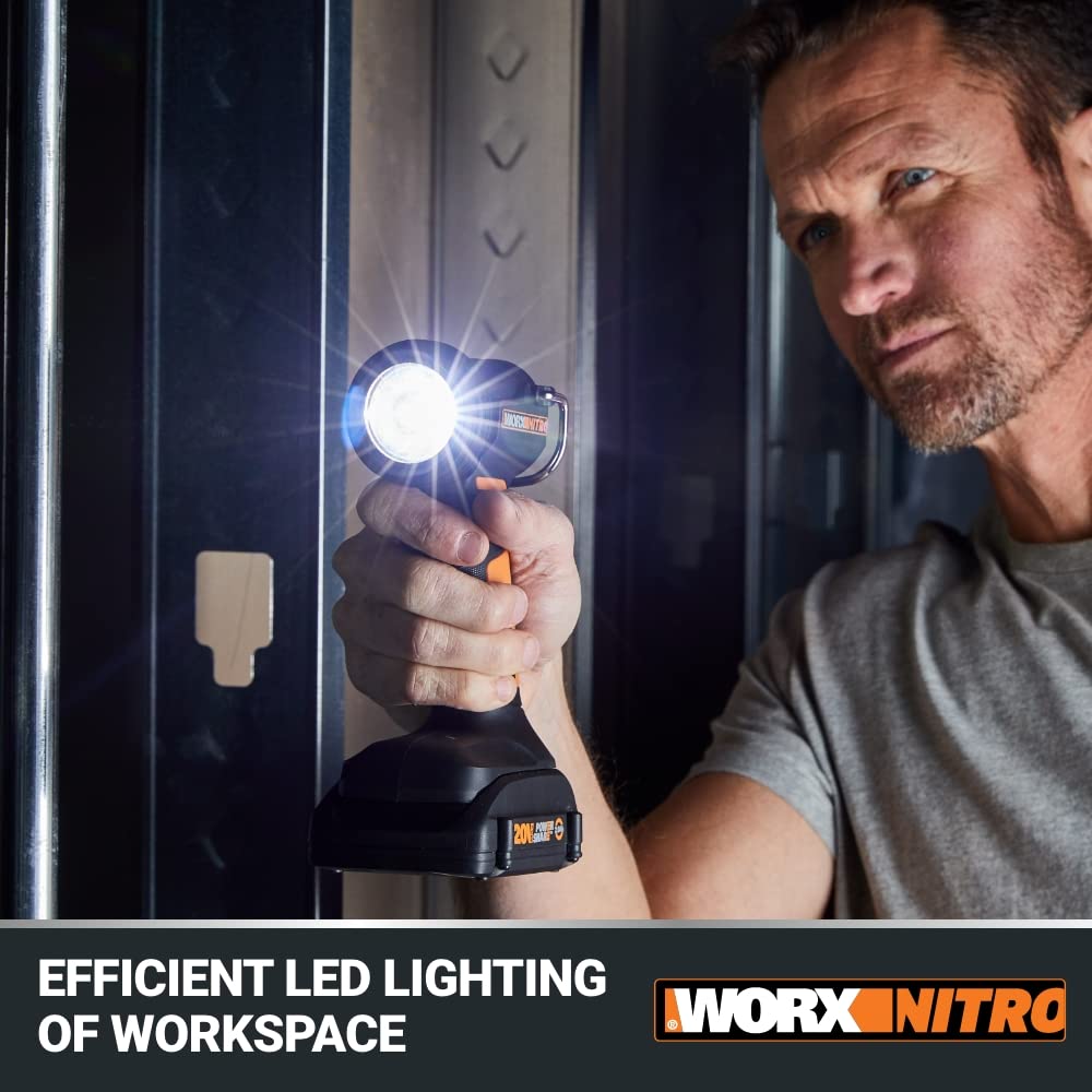 20V WORX Nitro LED Work Light PowerShare, 160/350 Lumens Portable Light, LED Flashlight with Flexible Pivoting Head WX025L.9 – Tool Only