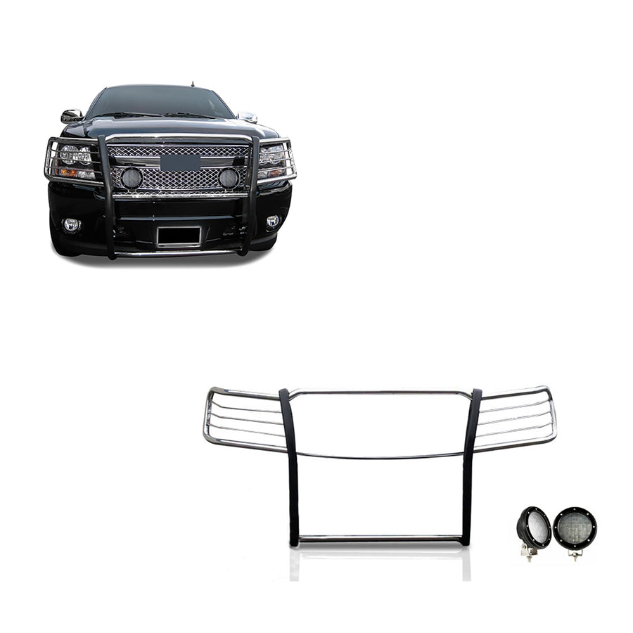 Grille Brush Black Horse Bumper Guard Modular S/S Come with Pair of 5.3" LED Lights with Black Trim Rings Compatible with 2007-2013 Avalanche|2007-2014 Suburban 1500/Tahoe-17A037400MSS-PLFB