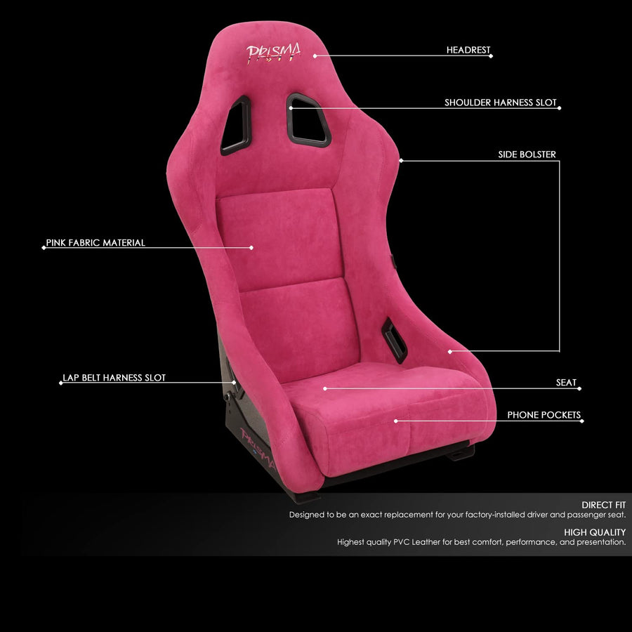NRG Innovations Universal Fixed Back NRG-FRP-303FH-PRISMA Bucket Racing Seat for 5-Point Harnesses, Size M, Fushia Alcantara Material, 22" W X 34" H X 16" D