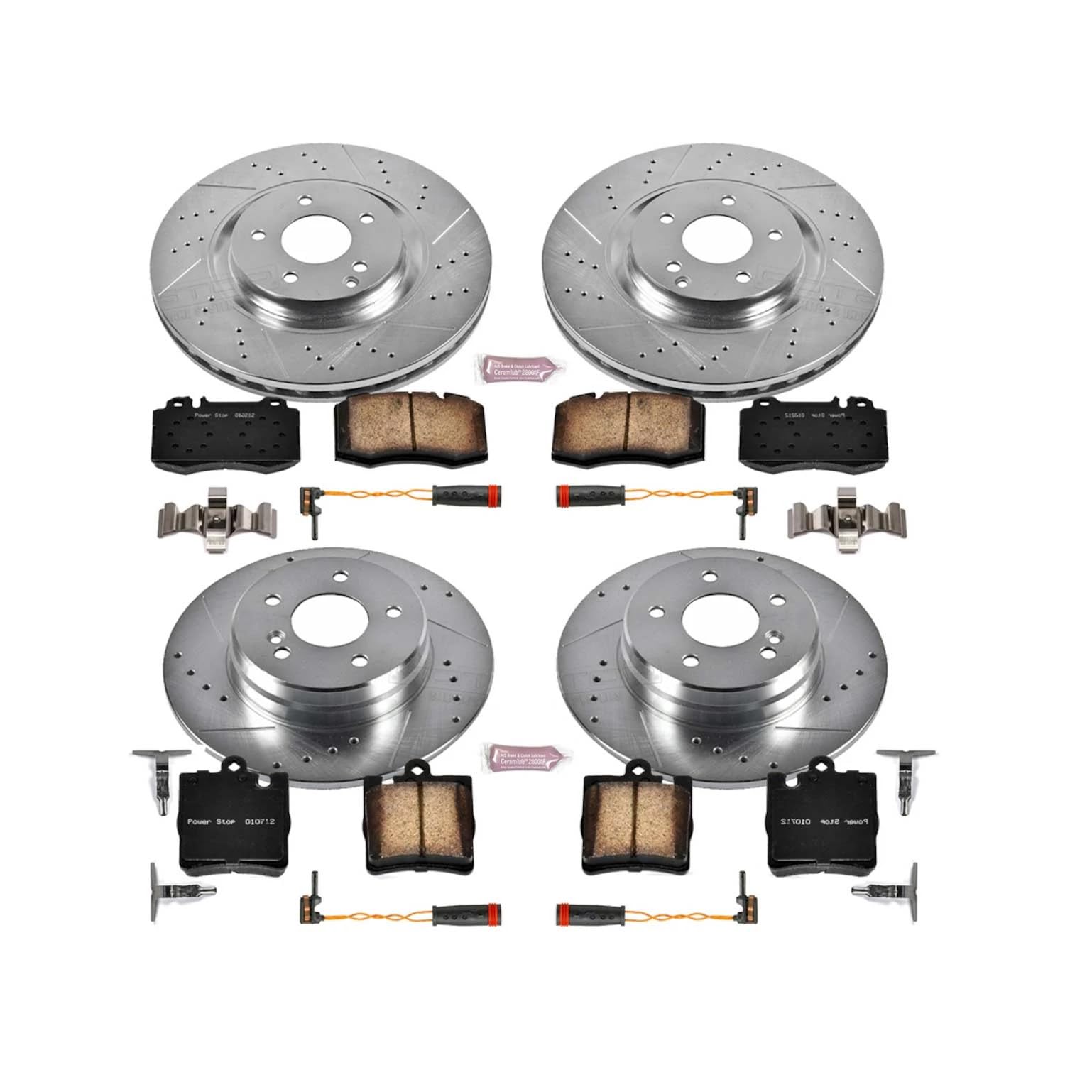 Power Stop K2791 Z23 Carbon Fiber Brake Pads Front and Rear with Drilled & Slotted Brake Rotors Kit and 1 Front & 1 Rear Sensor Wires For Mercedes-Benz C, Mercedes-Benz C320 [Model Specific]