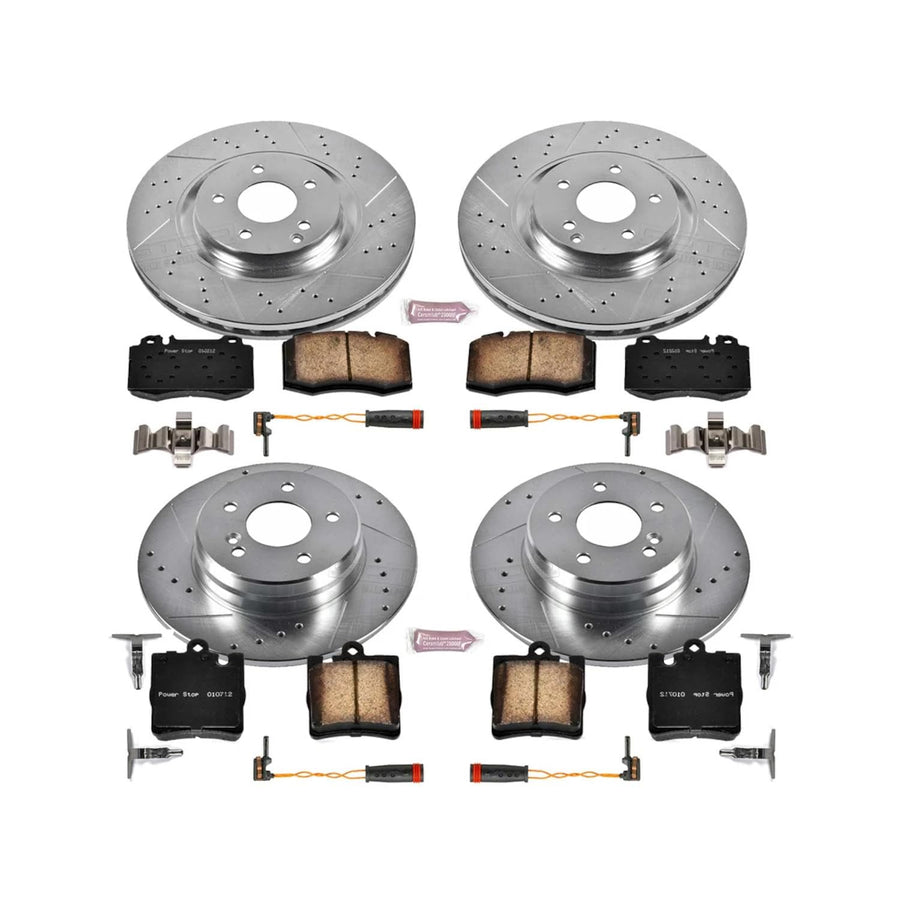 Power Stop K2791 Z23 Carbon Fiber Brake Pads Front and Rear with Drilled & Slotted Brake Rotors Kit and 1 Front & 1 Rear Sensor Wires For Mercedes-Benz C, Mercedes-Benz C320 [Model Specific]