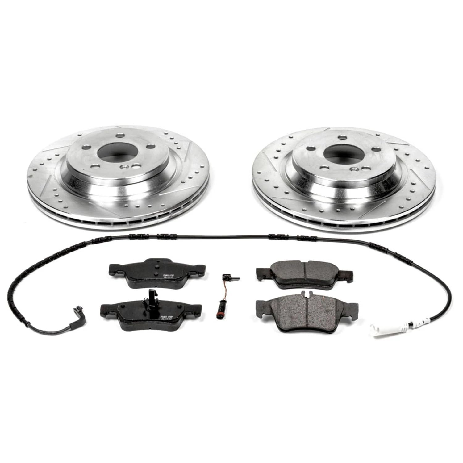Power Stop K2998 Z23 Carbon Fiber Brake Pads Rear with Drilled & Slotted Brake Rotors Kit For Mercedes-Benz S500 2003-2006 [Model Specific]