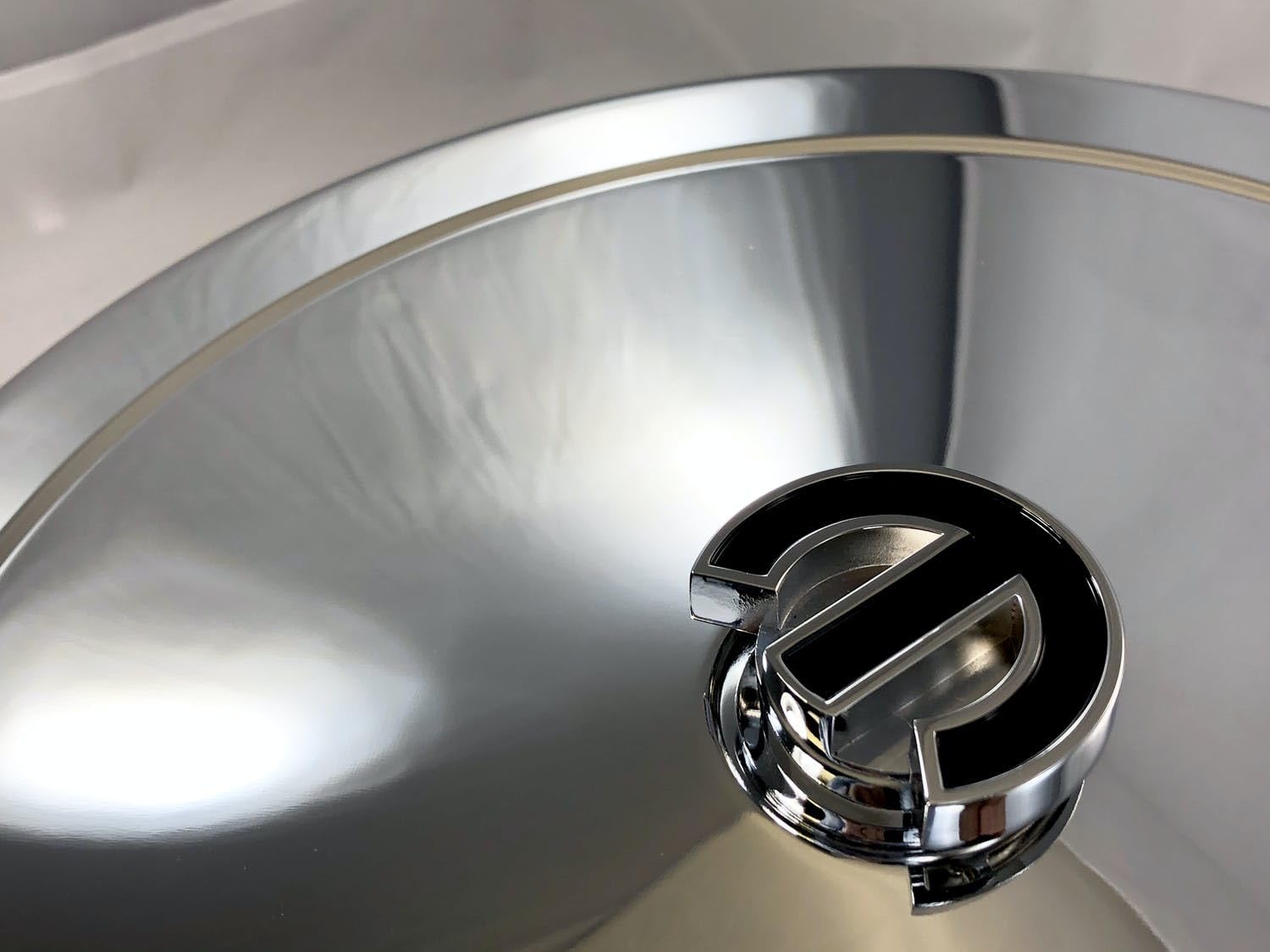 ProForm Air Cleaner Nut, 1/4-20 in and 5/16-18 in Thread, Large, Mopar Omega Logo, Aluminum, Chrome, Black Center, Each