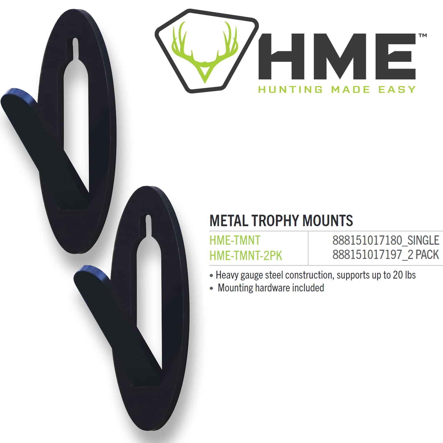 HME Heavy Gauge Steel Reliable Durable Hunting Trophy Mount - Supports Up to 20 lbs, Mounting Hardware Included / 2 Pack