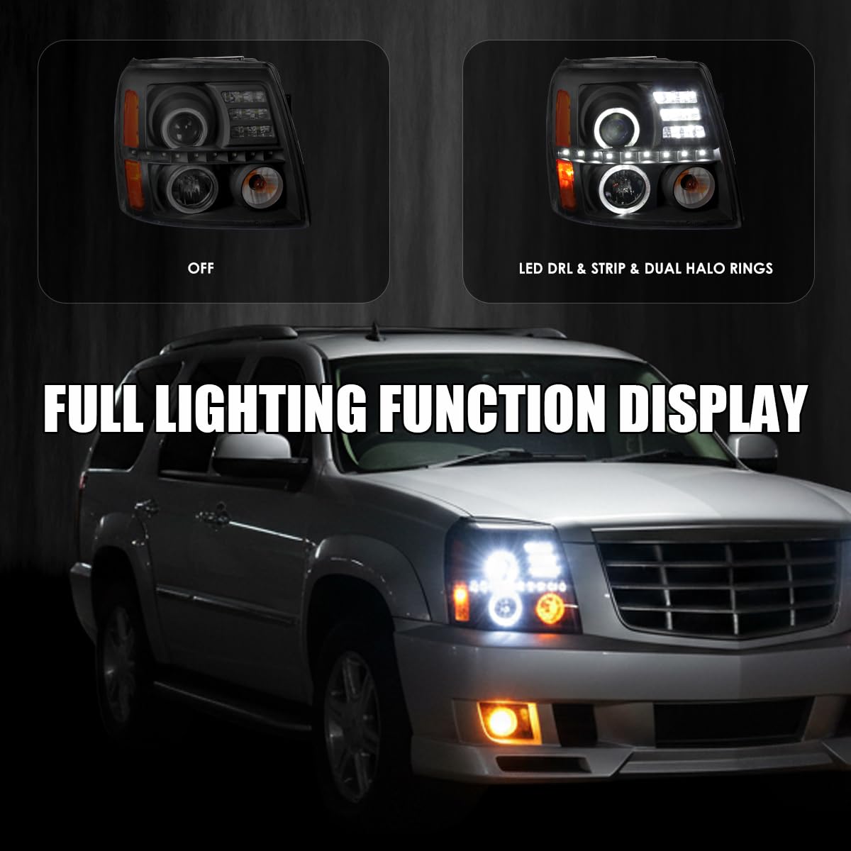 Black Smoke Halo Projector Headlights SPEC-D TUNING w/LED Compatible with 2002-2006 Cadillac Escalade All, Left + Right Pair Headlamps Assembly