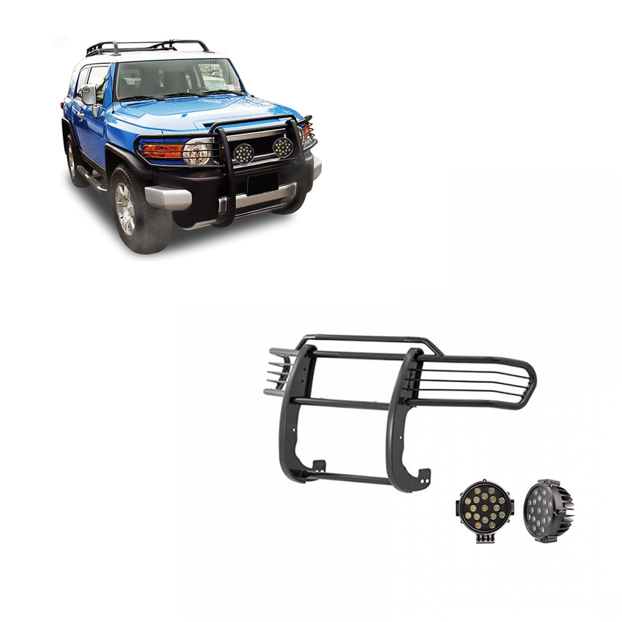 Bumper Guard Modular Black Horse Grille brush Come With pair of 7.0"Dia.LED Lights with Black Trim Rings Compatible with 2007-2014 Toyota FJ Cruiser-17A098600MA-PLB