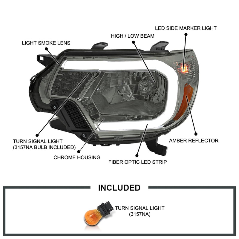 Light Smoke Spec-D Tuning Headlights with LED Strip Compatible with 2012-2015 Toyota Tacoma
