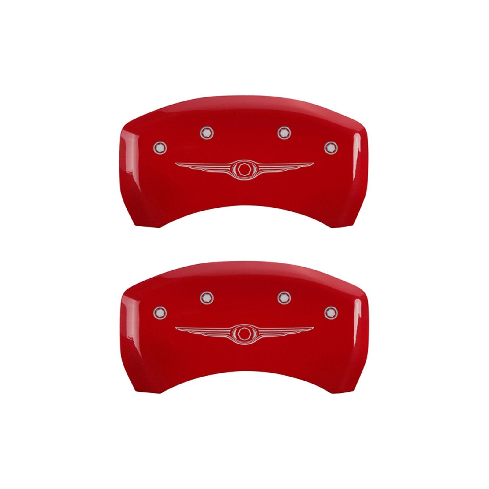 MGP Caliper Covers Front and Rear 32010SCW1RD Red Powder Coat Finish, Set of 4 (Style 1/Chrysler Wing Silver Characters, Engraved)