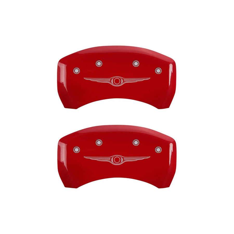 MGP Caliper Covers Front and Rear 32011SCW1RD Red Powder Coat Finish, Set of 4 (Style 1/Chrysler Wing Silver Characters, Engraved)