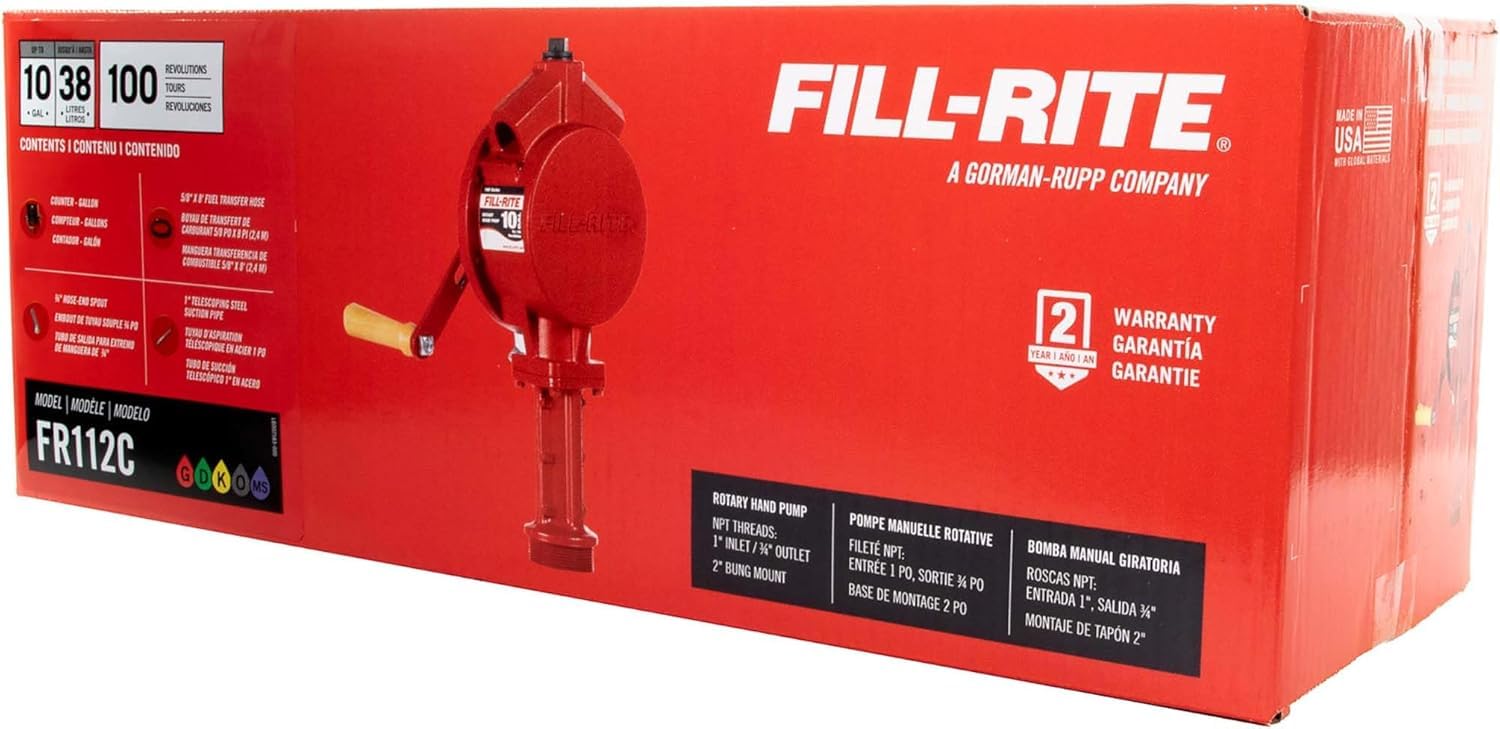 Fill-Rite Fuel Transfer FR112C Rotary Hand Pump w/Gallon Counter, Discharge Hose, Nozzle Spout, & Suction Pipe