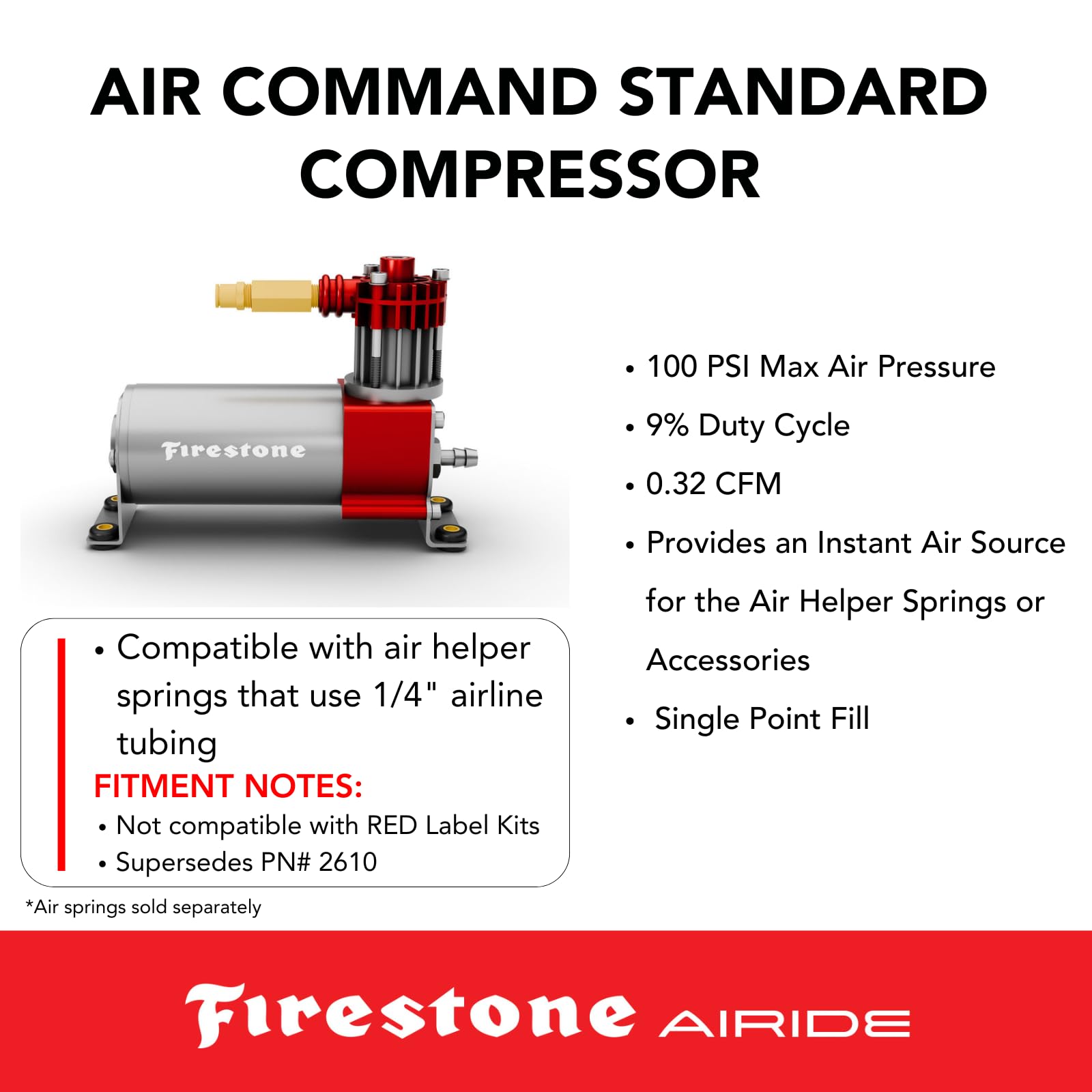 Air Command Firestone 2920 Single Wireless App Standard Compressor Kit fits Air Helper Springs (1/4" Tubing) | 100 PSI | Single Path | Easy Installation