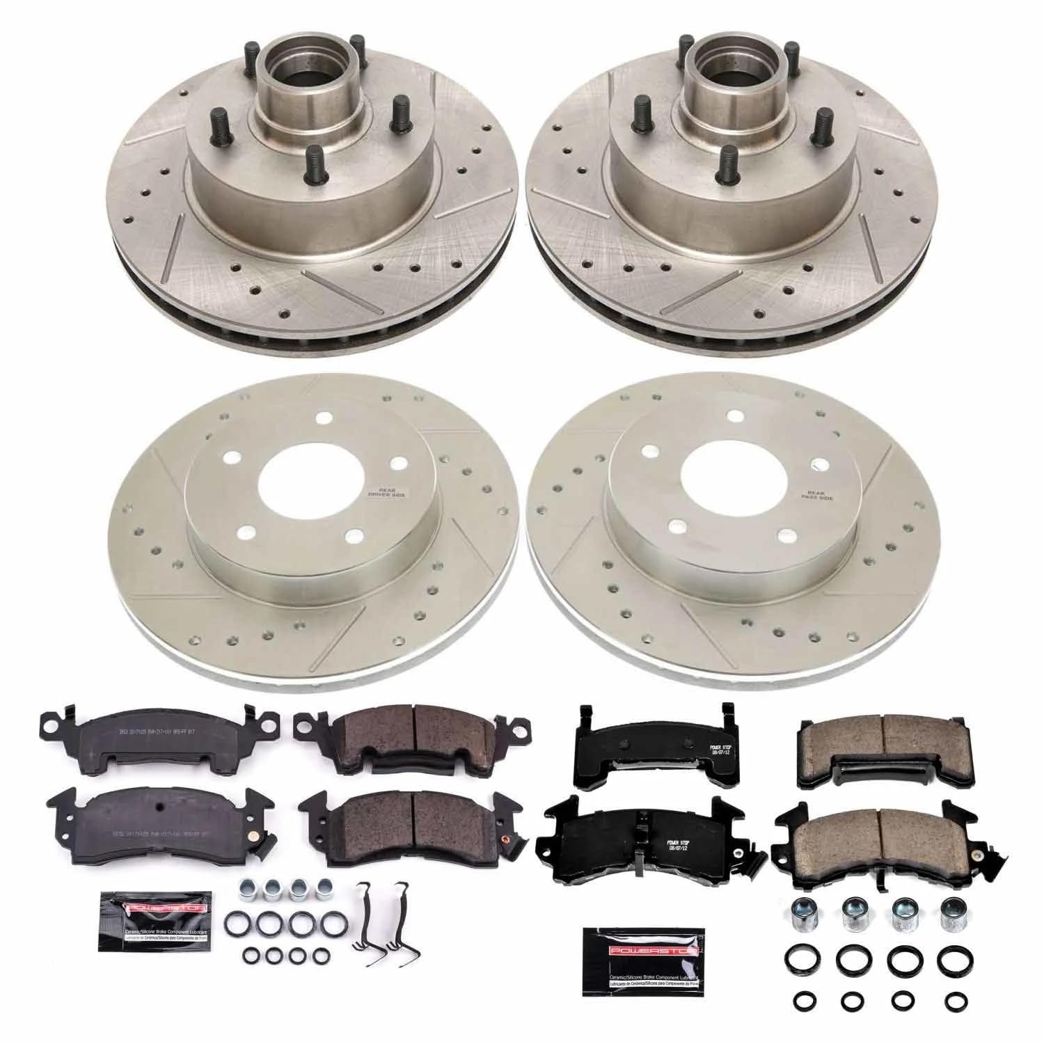 Power Stop K4152 Z23 Carbon Fiber Brake Pads Front and Rear with Drilled & Slotted Brake Rotors Kit For Pontiac Firebird 1979-1981 [Model Specific]