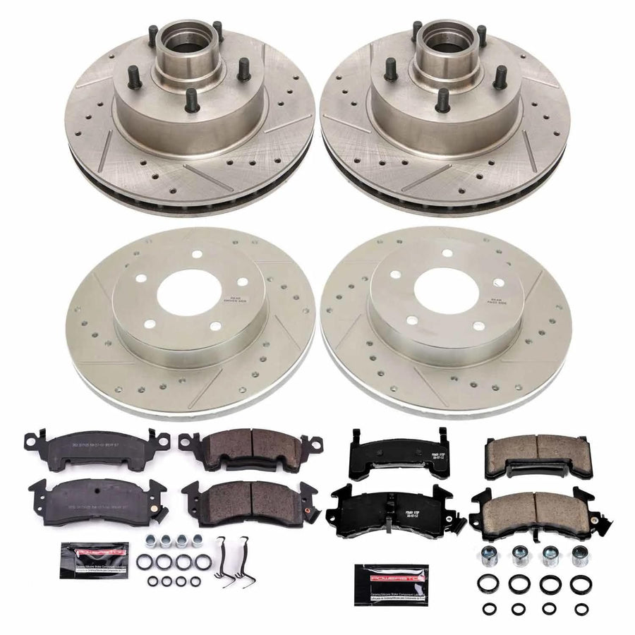 Power Stop K4152 Z23 Carbon Fiber Brake Pads Front and Rear with Drilled & Slotted Brake Rotors Kit For Pontiac Firebird 1979-1981 [Model Specific]