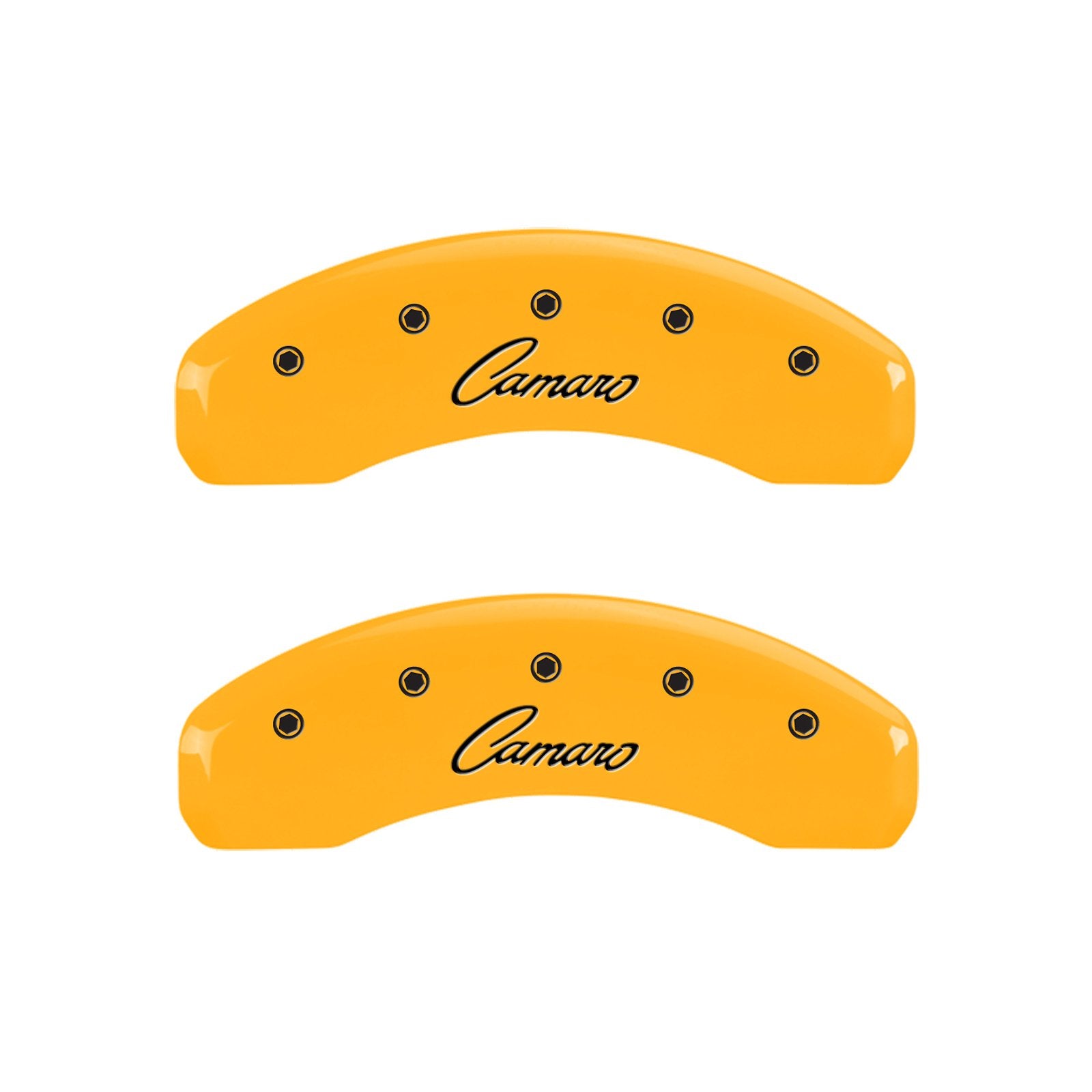Caliper Covers MGP 14033SCCSYL, Set of 4 (Yellow Engraved Front and Rear: Cursive/Camaro Powder Coat Finish Black Characters)