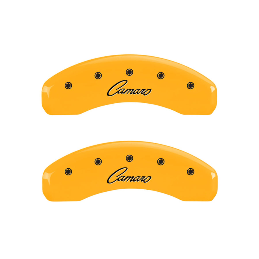 Caliper Covers MGP 14033SCCSYL, Set of 4 (Yellow Engraved Front and Rear: Cursive/Camaro Powder Coat Finish Black Characters)