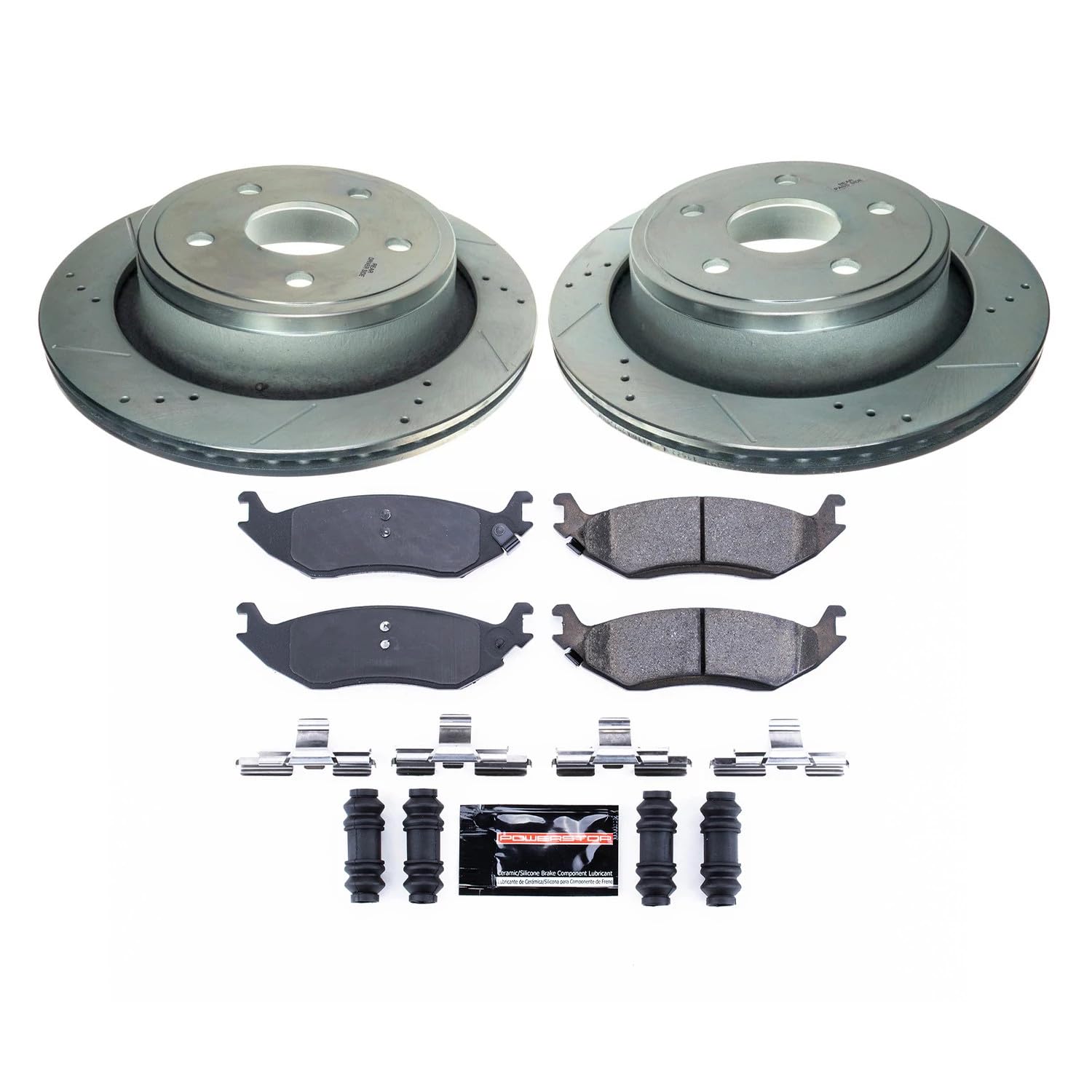Rear Power Stop K2172 Z23 Carbon Fiber Brake Pads with Drilled and Slotted Brake Rotors Kit For Chrysler Aspen Dodge Durango Ram 1500