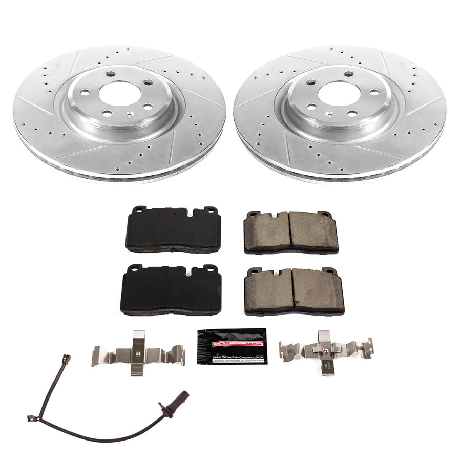 Power Stop K7073 Front Brake Pads Z23 Carbon Fiber with Drilled & Slotted Brake Rotors Kit and 1 Front Sensor Wire For Audi Q5 2013, Audi Q5 2016-2017 [Model Specific]