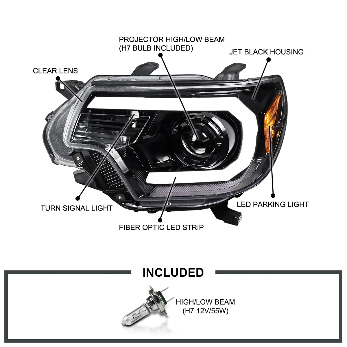 Jet Black LED Light Bar Projector Headlights SPEC-D TUNING Compatible with 2012-2015 Toyota Tacoma, Left + Right Pair Headlamps Assembly