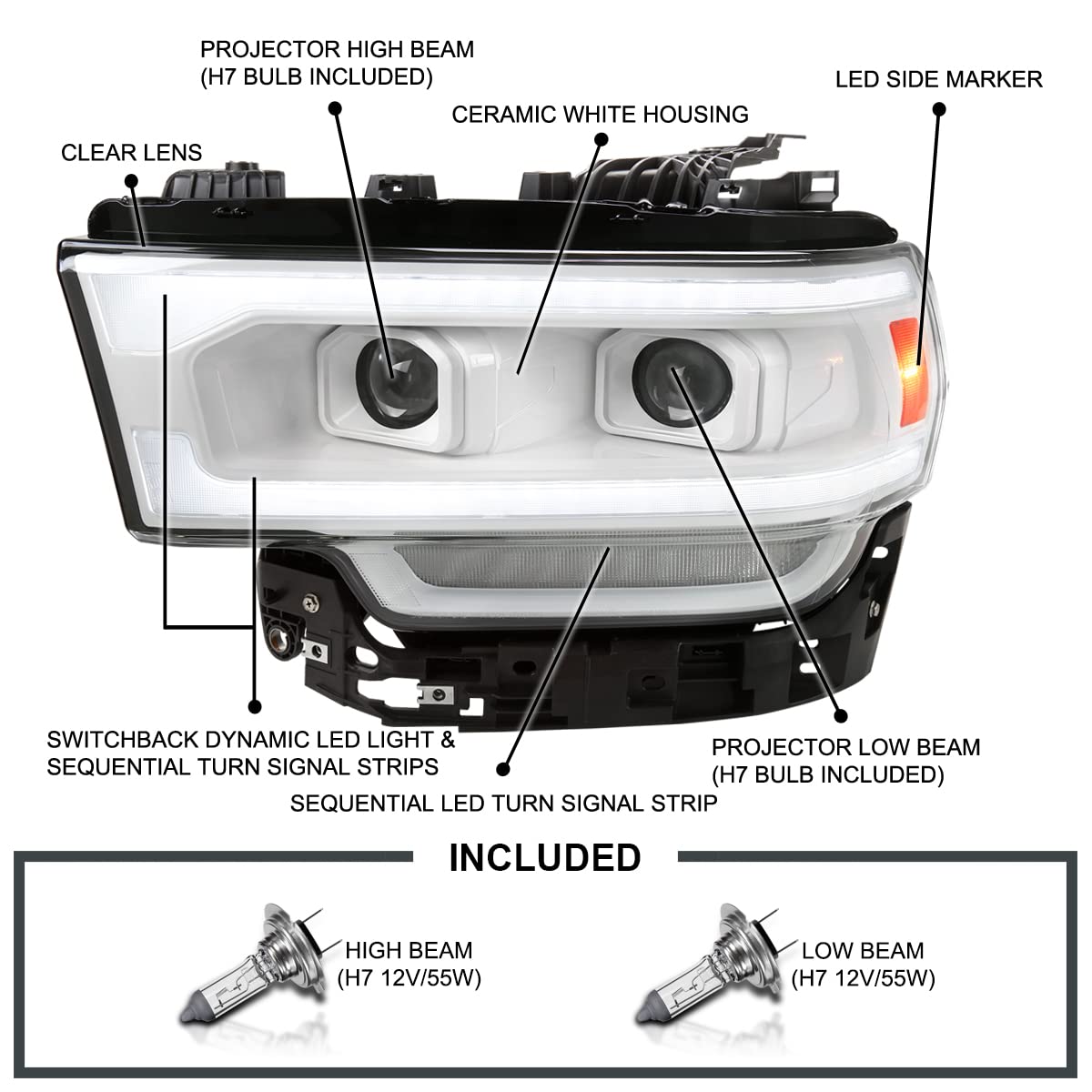 Special Edition SPEC-D TUNING Arctic White Dual Projector Headlights w/Sequential LED Turn Signal and Startup Animation Compatible with 2019-2024 Dodge Ram 2500, 3500, 4500, Left + Right Pair