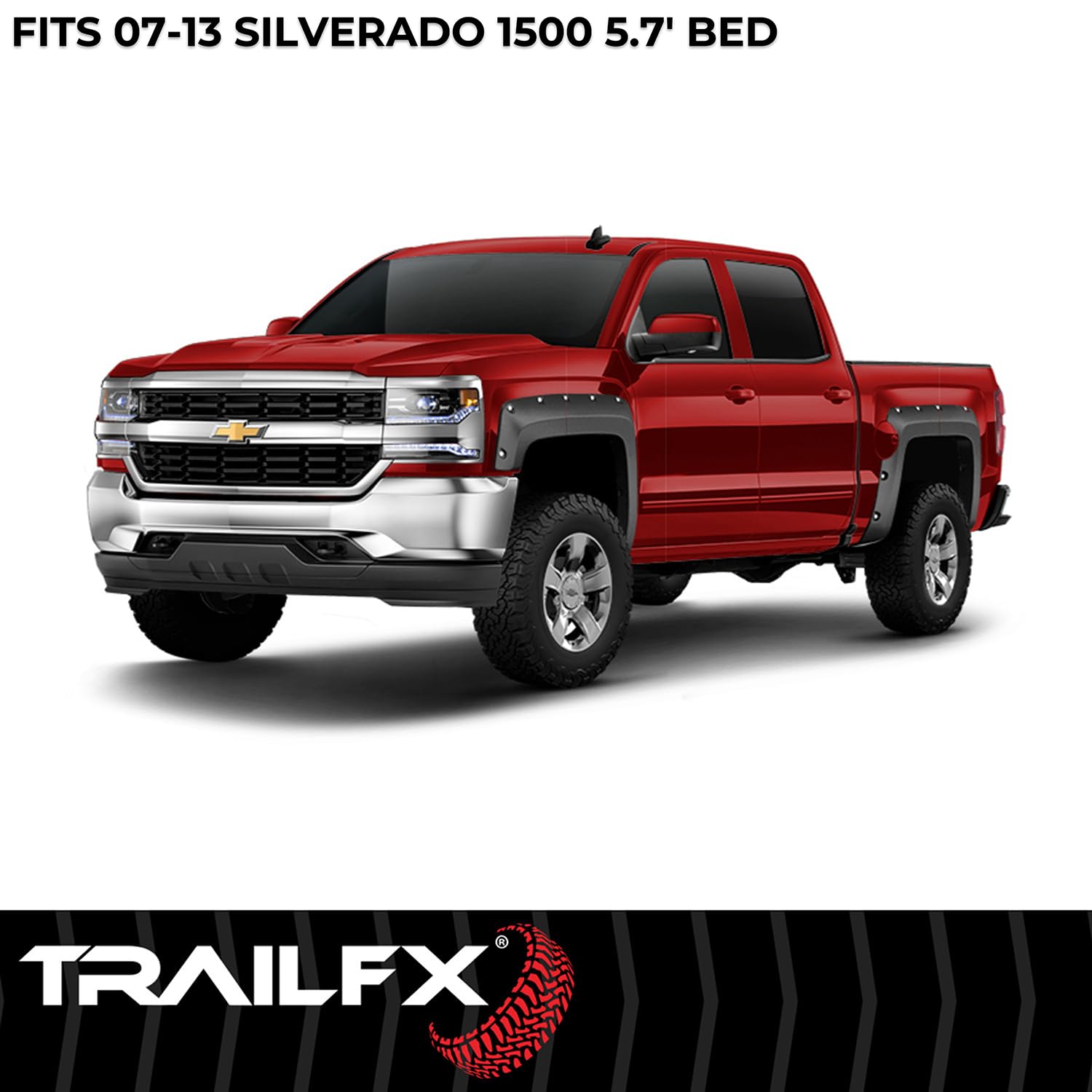 TrailFX Pocket Style Fender Flares for 5.7 Foot Bed Chevrolet Silverado 1500 2007-2013 Black Smooth Paintable Polypropylene Set of 4 with Stainless and Black Steel Rivets TrailFX TFC3003S