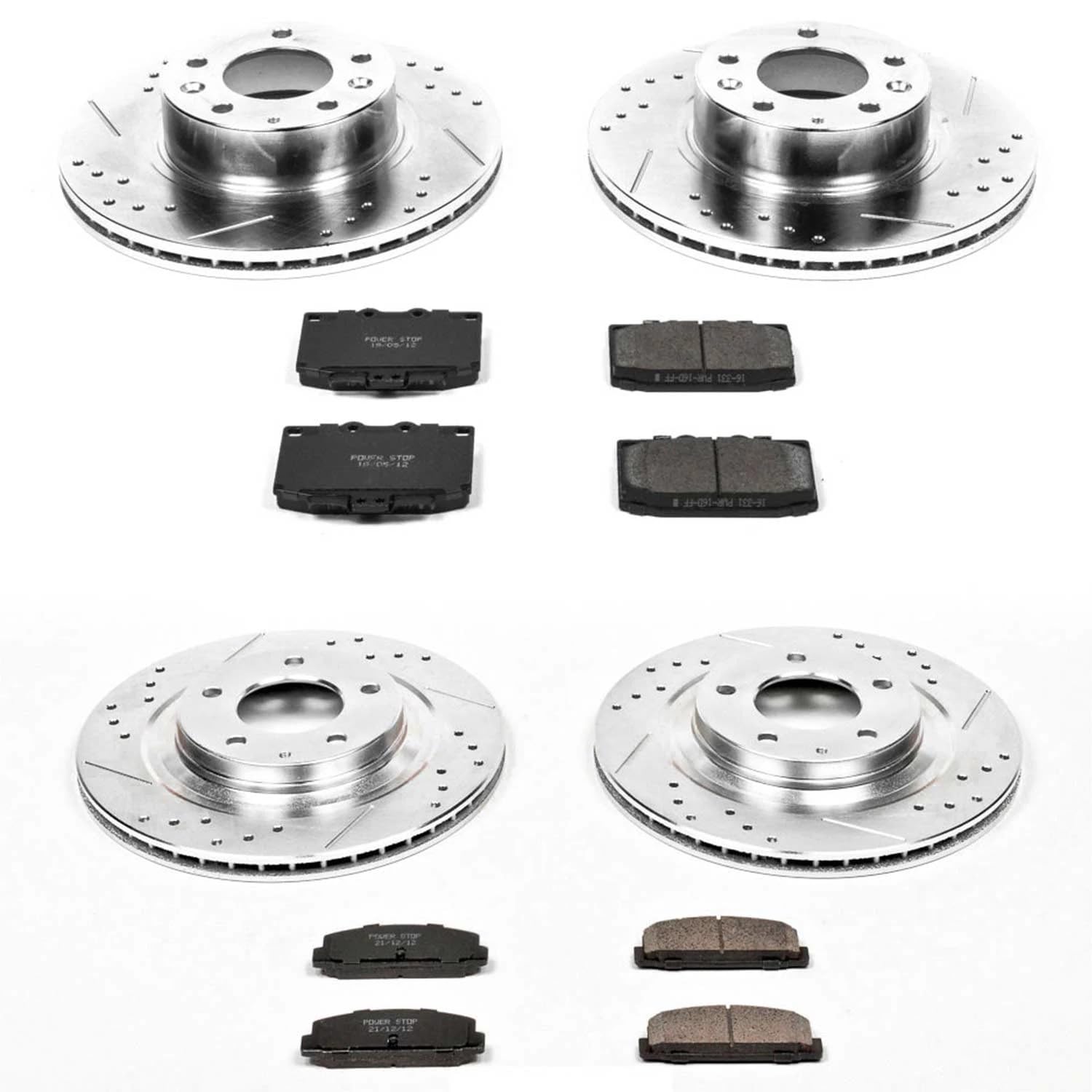 Power Stop K4186 Z23 Carbon Fiber Brake Pads Front and Rear with Drilled & Slotted Brake Rotors Kit For Mazda RX-7 1993-1995 [Model Specific]
