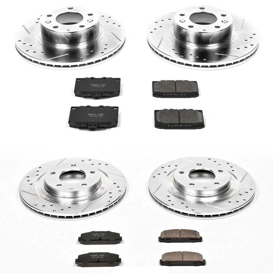 Power Stop K4186 Z23 Carbon Fiber Brake Pads Front and Rear with Drilled & Slotted Brake Rotors Kit For Mazda RX-7 1993-1995 [Model Specific]