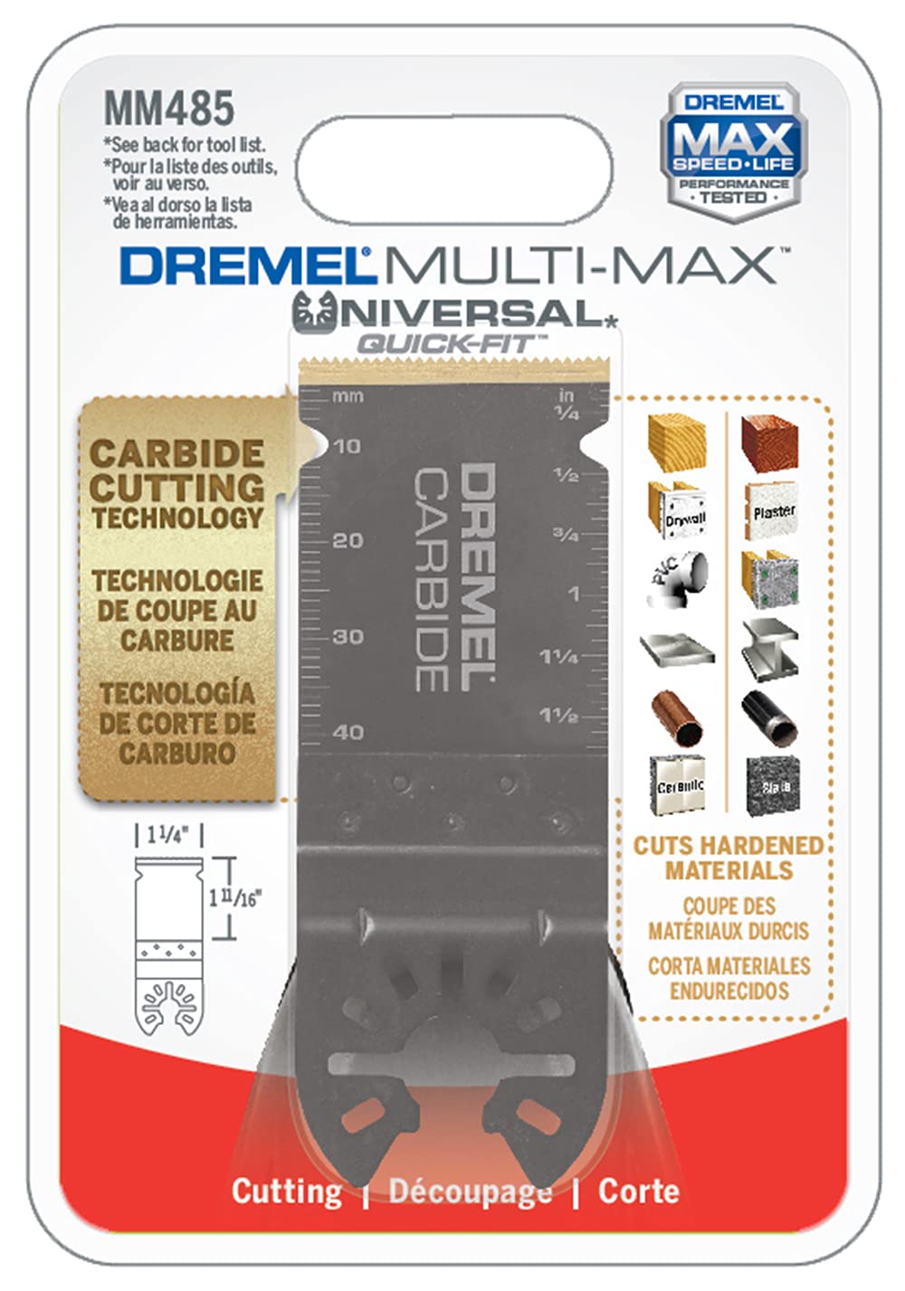 Dremel Carbide MM485 Flush Cut Oscillating Tool Blade, Perfect For Cutting Metal, Wood, and Plastic - Universal Quick-Fit Interface Fits Bosch, Makita, Milwaukee and Rockwell, Black