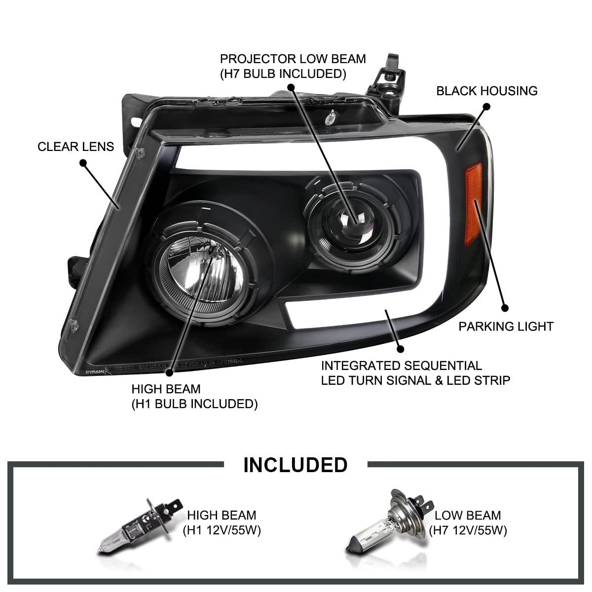 Black Projector Headlights SPEC-D TUNING w/Switchback Sequential Signal LED Tube Compatible with 2004-2008 Ford F150 2006-2008 Lincoln Mark LT, Left + Right Pair Headlamps Assembly