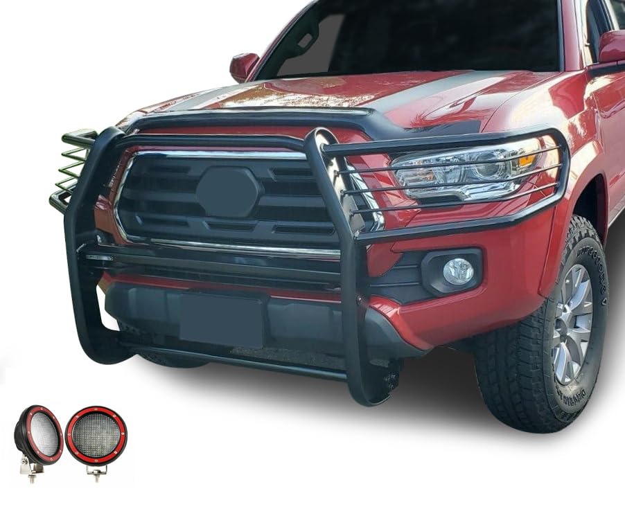 Black Horse Grille Brush Bumper Guard Black Modular Come with Pair of 5.3" Dia.LED Lights with Red Trim Rings Compatible with 2016-2023 Toyota Tacoma-17A096402MA-PLFR