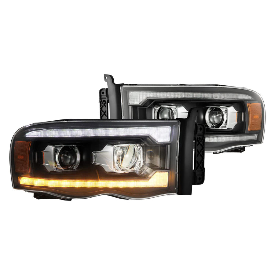02-05 Dodge Ram 1500 AlphaRex LUXX LED Proj Headlights Plank Style Black w/Activ Light/Seq Signal