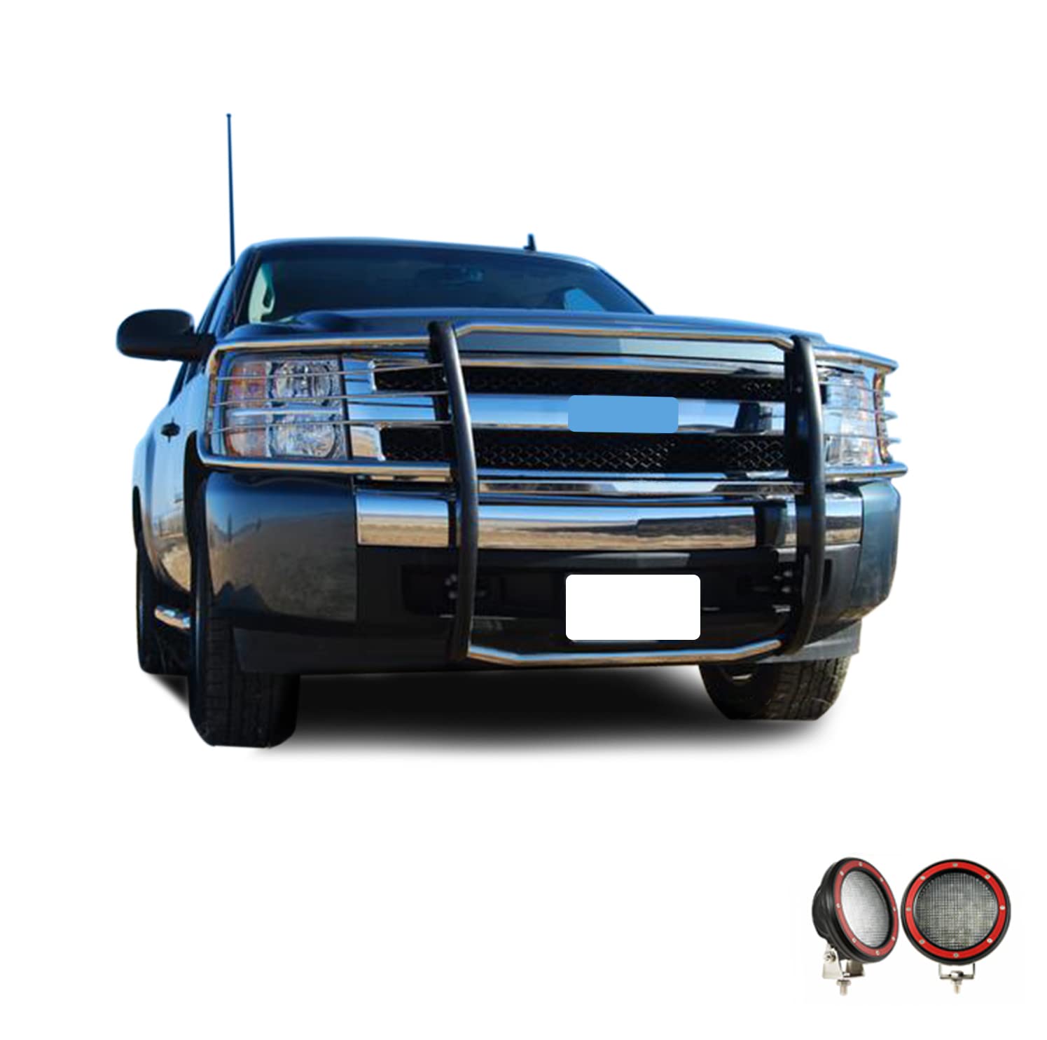 Grille Brush Black Horse Bumper Guard Modular Stainless Steel Come with Pair of 5.3" Dia.LED Lights with Red Trim Rings Compatible with 2007-2013 Chevrolet Silverado 1500-17A035700A2MSS-PLFR