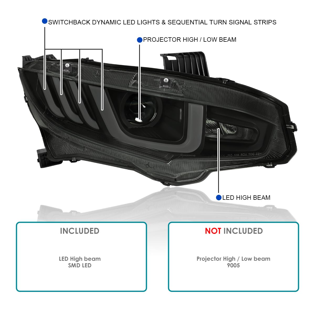 Black Smoke LED Tube Projector Headlights SPEC-D TUNING w/Switchback Sequential Signal Compatible with 2016-2021 Honda Civic Models with Factory Halogen Headlights Left + Right