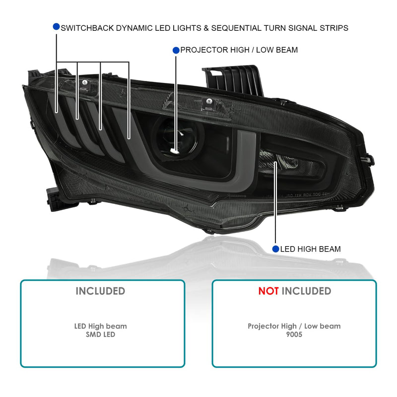 Black Smoke LED Tube Projector Headlights SPEC-D TUNING w/Switchback Sequential Signal Compatible with 2016-2021 Honda Civic Models with Factory Halogen Headlights Left + Right