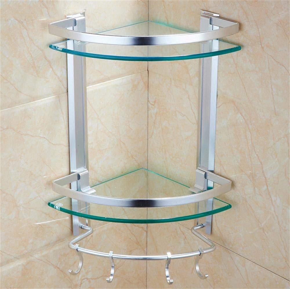 Bathroom BTBT space aluminum doubledeck triangle rack with hooks up, glass shelves/storage rack, wallmounted Shelf