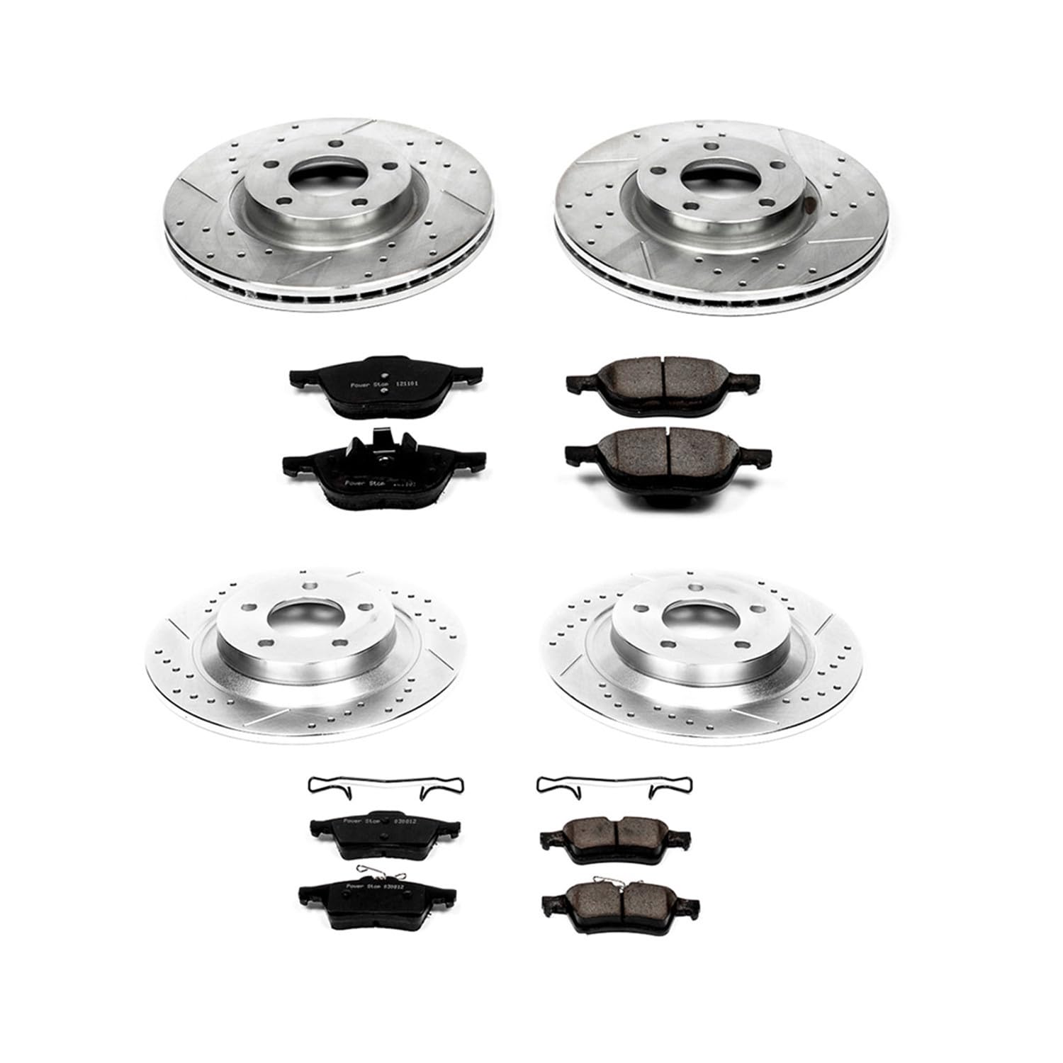 Power Stop K5804 Z23 Carbon Fiber Brake Pads Front and Rear with Drilled & Slotted Brake Rotors Kit For Mazda 5 2008-2010, Mazda 5 2012-2015 [Model Specific]