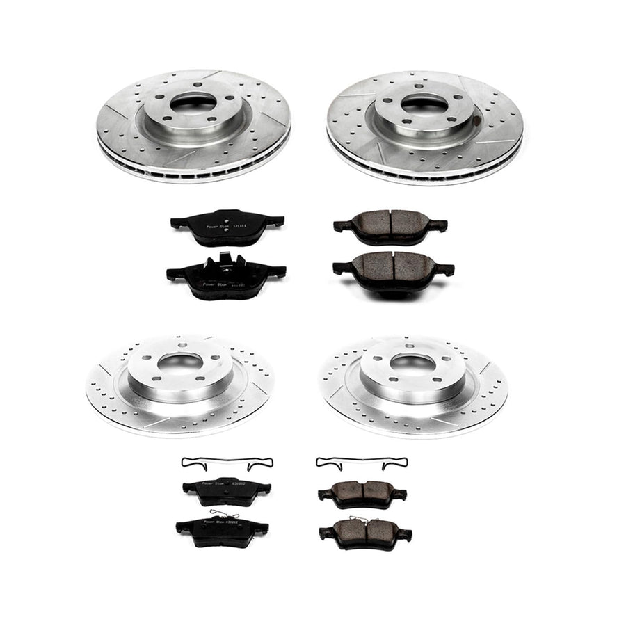 Power Stop K5804 Z23 Carbon Fiber Brake Pads Front and Rear with Drilled & Slotted Brake Rotors Kit For Mazda 5 2008-2010, Mazda 5 2012-2015 [Model Specific]
