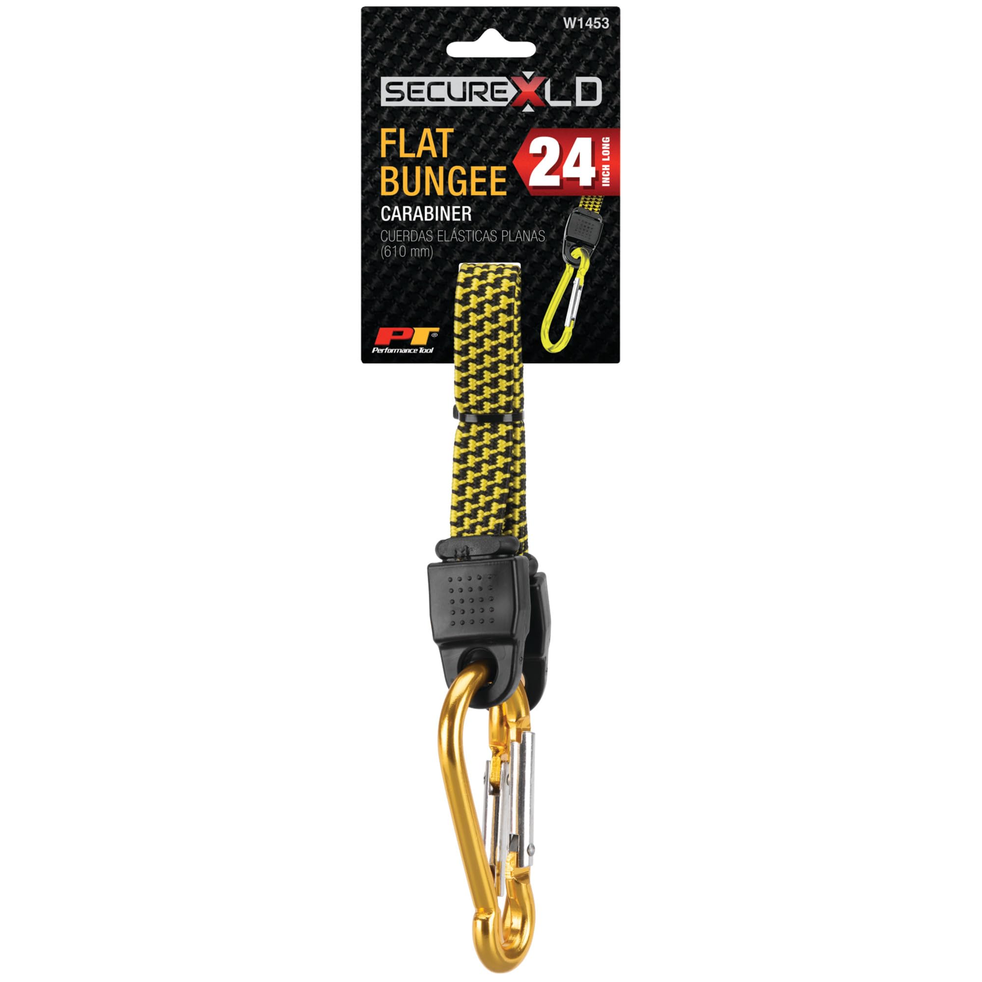 24-Inch Performance Tool W1453 Flat Bungee Cord with Carabiner Hook, Anodized Aluminum, Corrosion Resistant, Easy to Install, Load Limit 60lbs