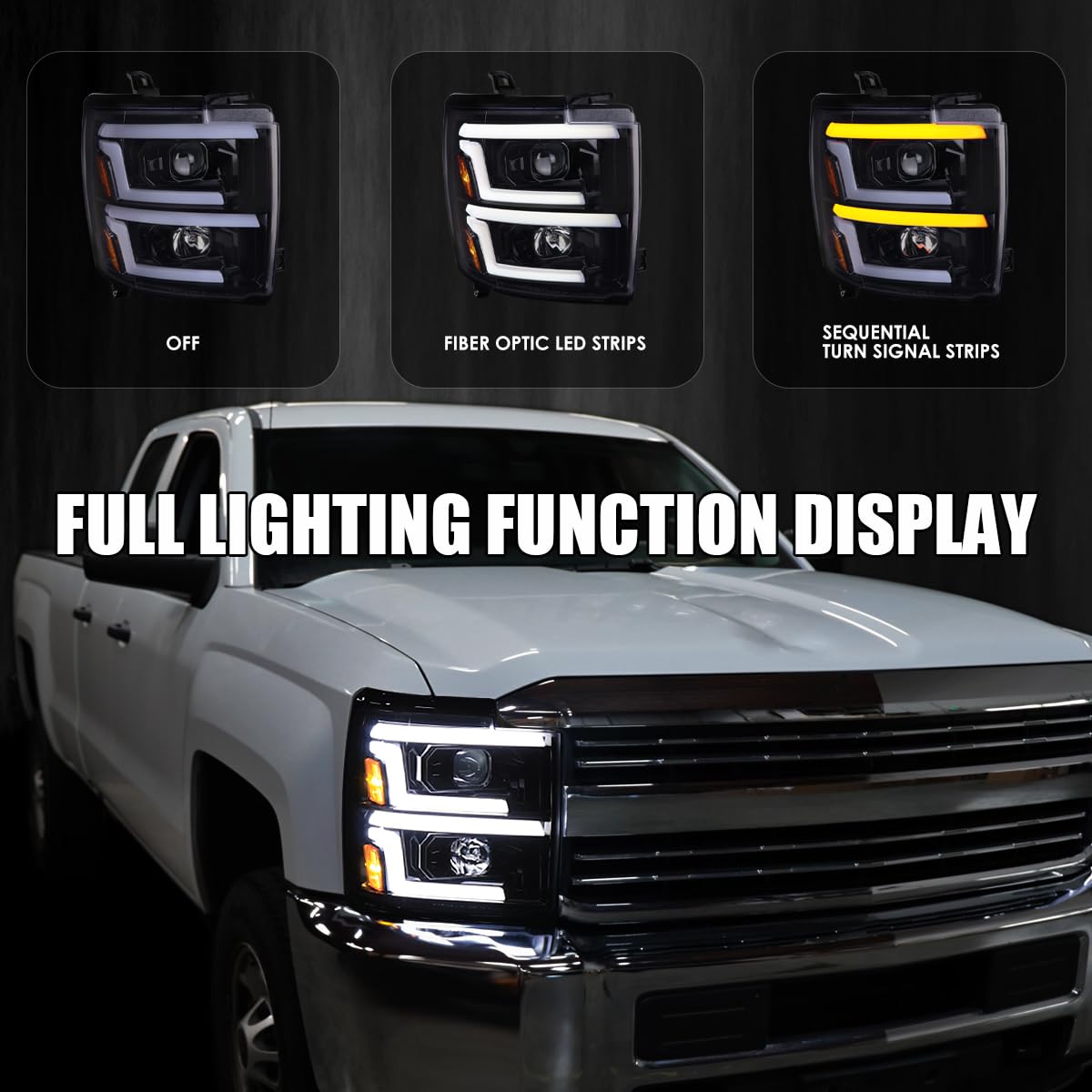 Glossy Black Smoke SPEC-D TUNING Projector Headlights w/Sequential Switchback LED Signal Lamps Compatible with 2015-2019 Chevy Silverado 2500HD 3500HD