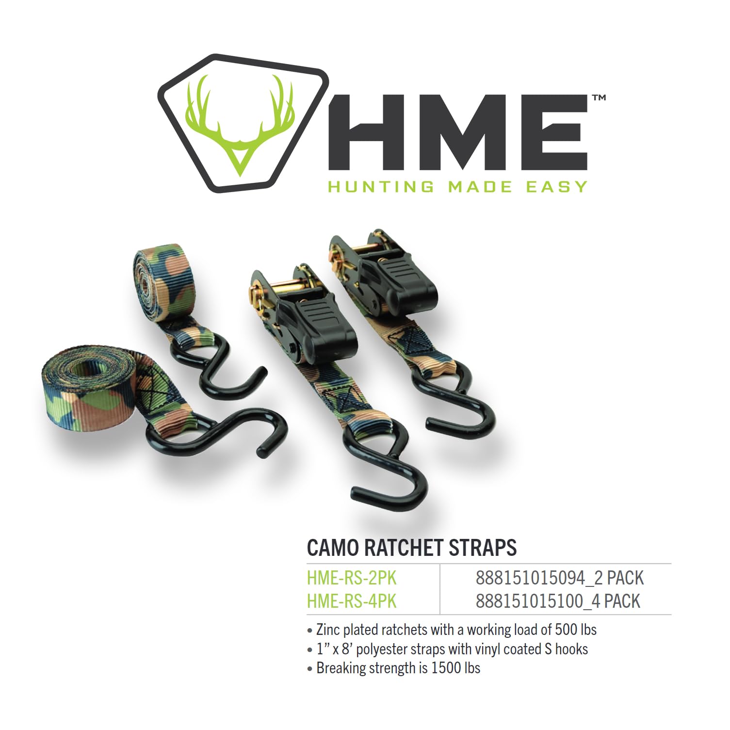 HME Reliable Durable Versatile Weather-Resistant Camouflage Ratchet 1500 lb Capacity 1' x 8' Tie-Down Straps - 4 Pack