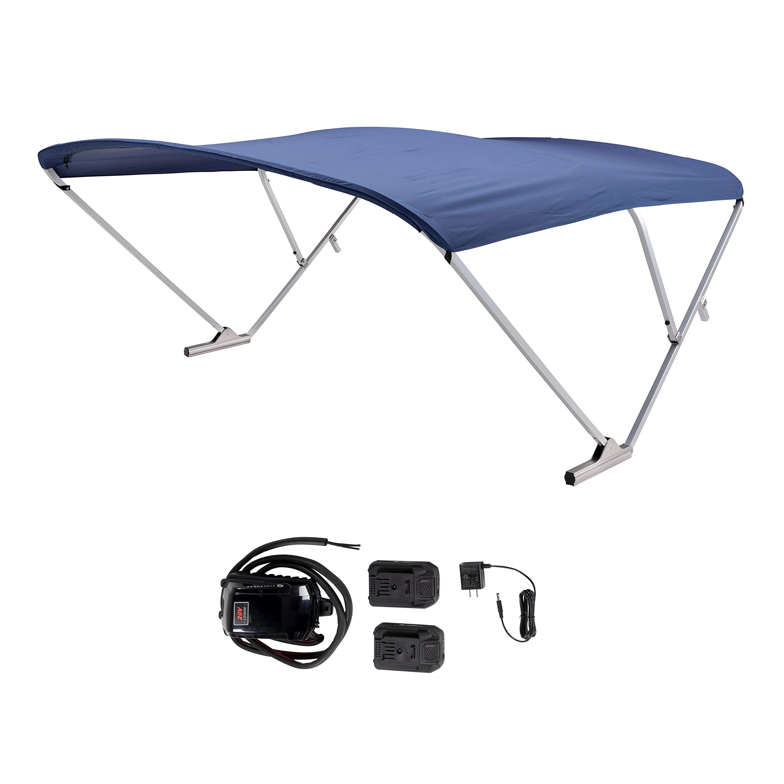 SureShade Electric Bimini Power Shade System for Pontoon Boats with Manual or No Biminis, 92-102" Wide, 20V Powered, Fade-Resistant Fabric, Clear Anodized Frame, Navy - 2021133094