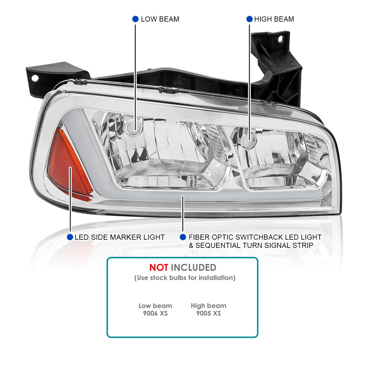 Chrome Headlights SPEC-D TUNING w/Fiber Optic LED Strip and Turn Signal Light Compatible with 2006-2010 Dodge Charger 4Dr Sedan, Left + Right Pair Headlamp Assembly
