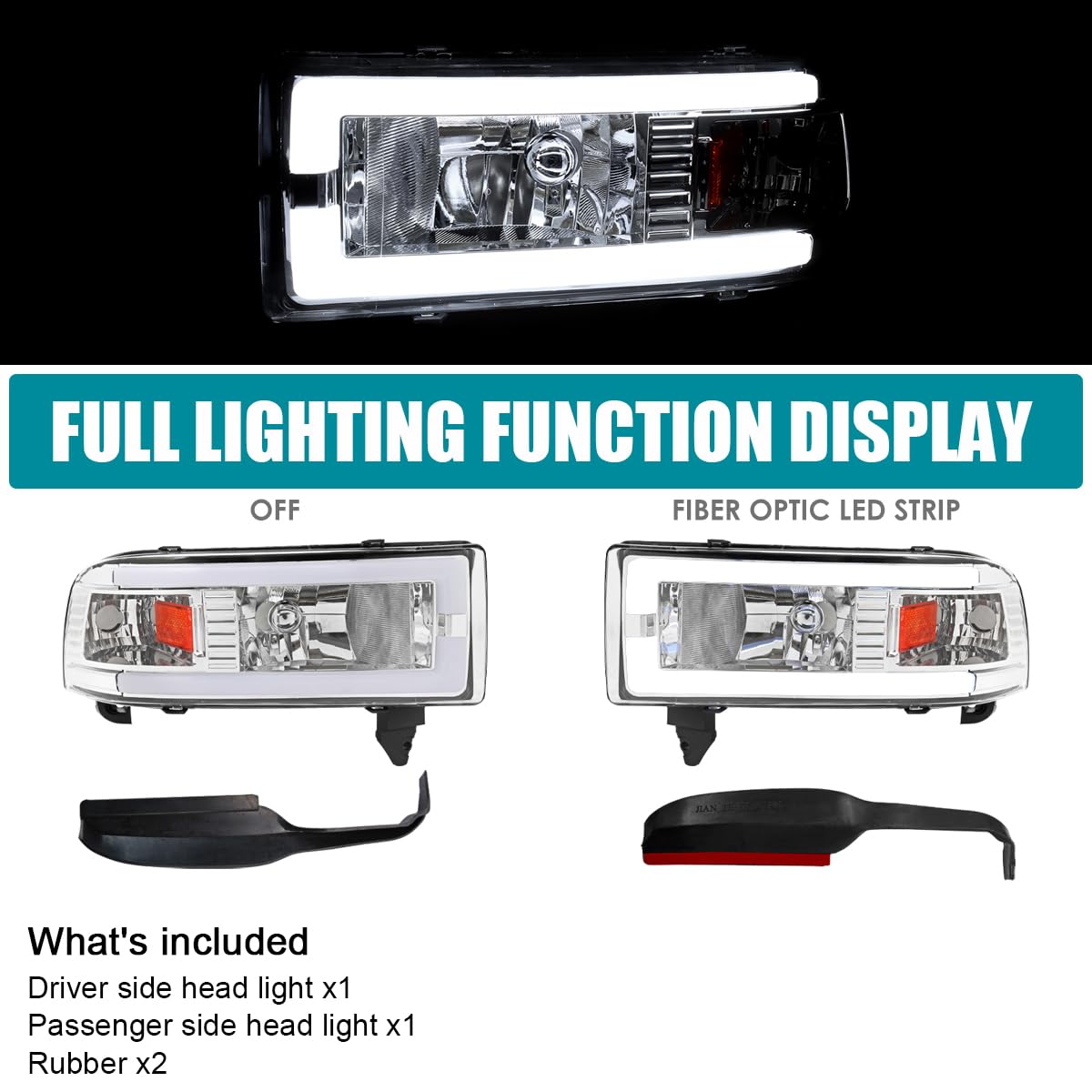 Chrome Headlights w/LED Tube SPEC-D TUNING Compatible with 1994-2001 Dodge Ram 1500, 2500, 3500, Left + Right Pair Headlamps Assembly
