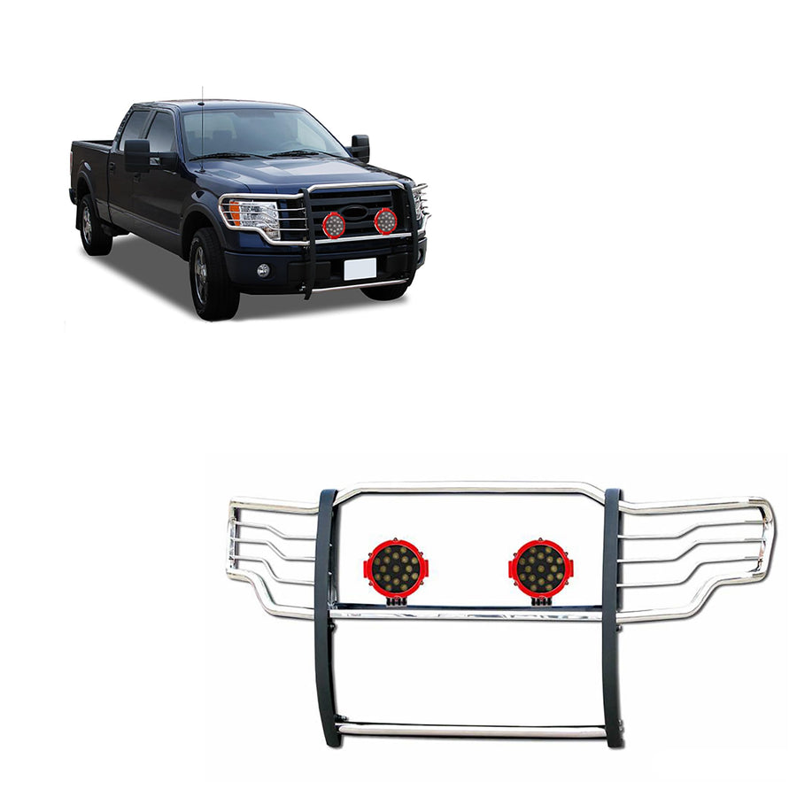 Bumper Guard Black Horse Grille brush Modular Stainless Steel Come With pair of 7.0"Dia.LED Lights with Red Trim Rings Compatible with 2015-2024 Ford F-150-17FP32MSS-PLR