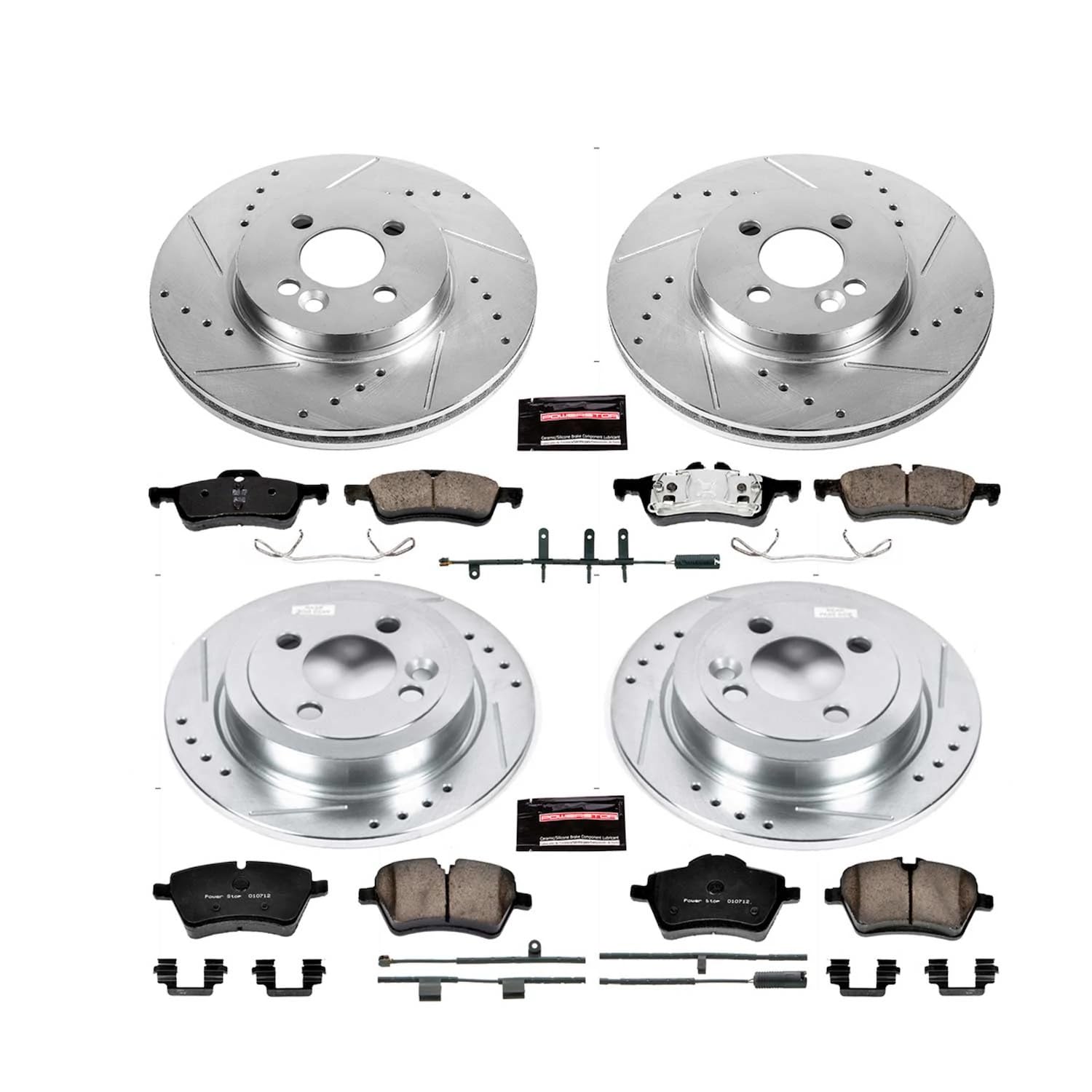 Power Stop K6299 Z23 Carbon Fiber Brake Pads Front and Rear with Drilled & Slotted Brake Rotors Kit For Mini Cooper 2007-2008 [Model Specific]