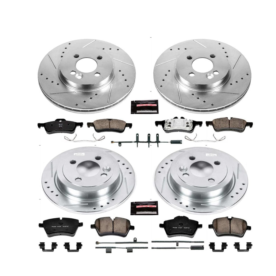 Power Stop K6299 Z23 Carbon Fiber Brake Pads Front and Rear with Drilled & Slotted Brake Rotors Kit For Mini Cooper 2007-2008 [Model Specific]