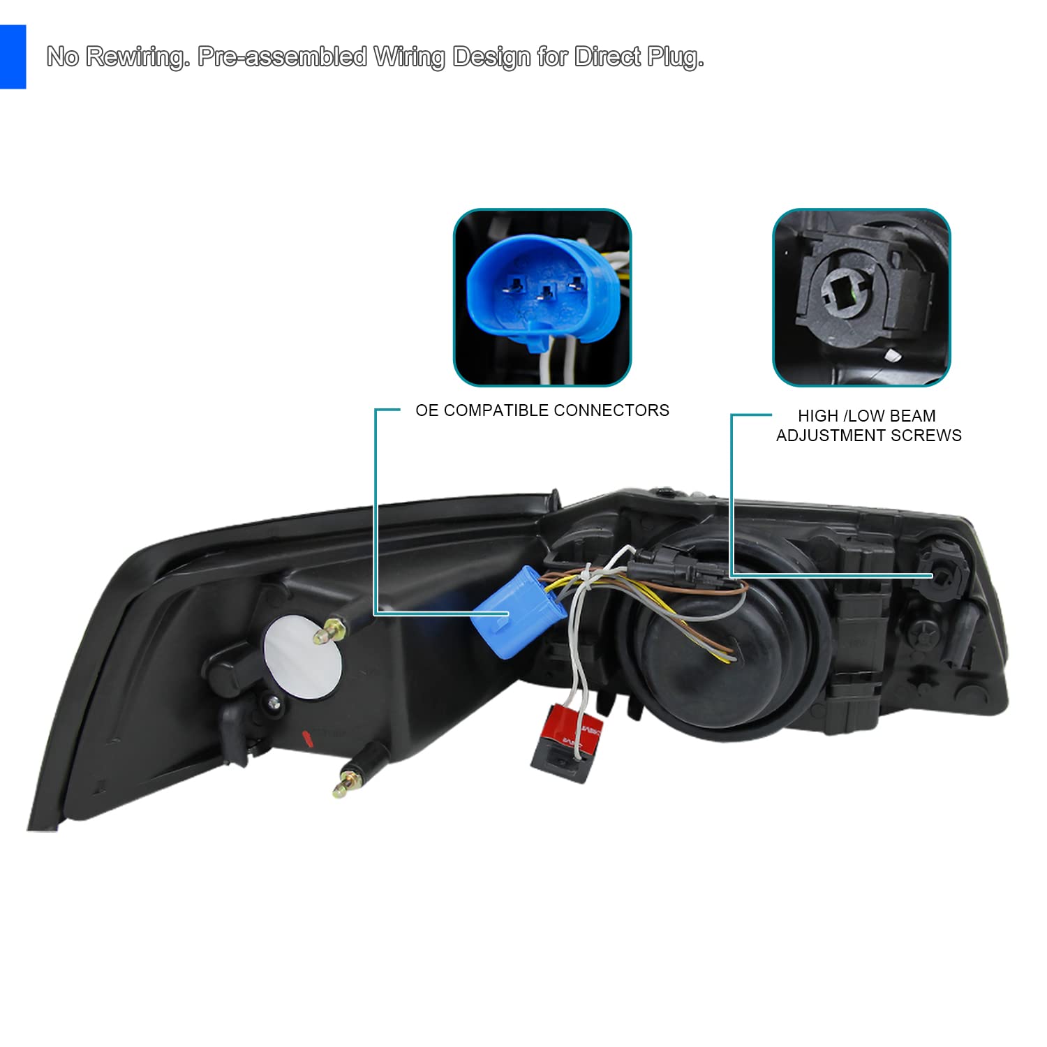 Black Projector Headlights SPEC-D TUNING Retrofit Style Compatible with 1999-2004 Ford Mustang, Left + Right Pair Headlamps Assembly
