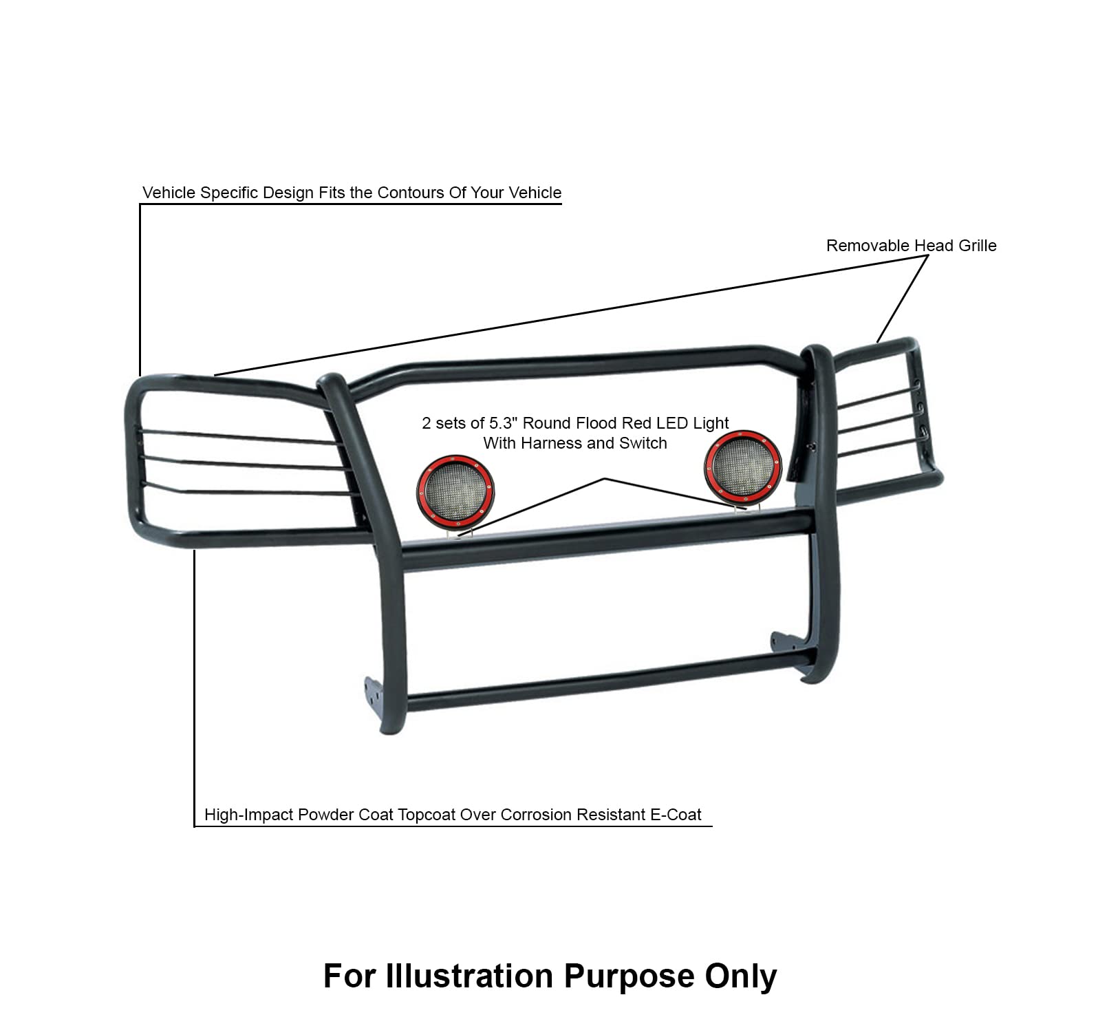Bumper Guard Black Horse Grille Brush Modular Black Come with Pair of 5.3" Dia.LED Lights with Red Trim Rings Compatible with 2006-2010 Ford Explorer-17A047600MA-PLFR