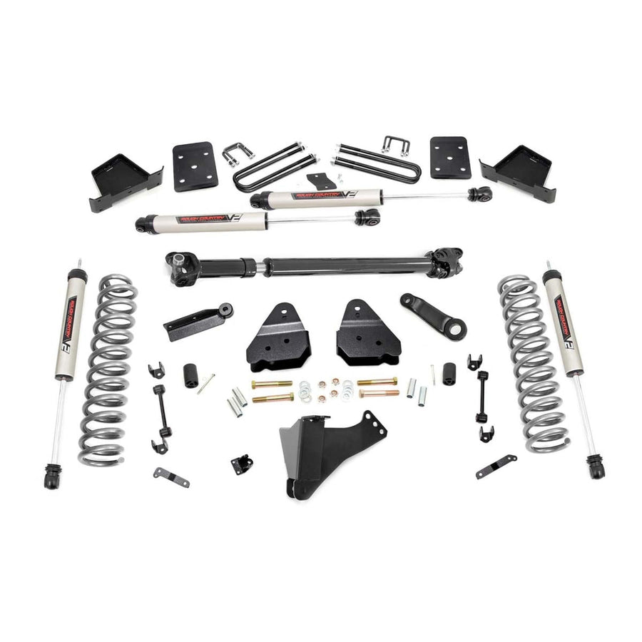 Rough Country 6 Inch Lift Kit with V2 Monotube Shocks 4-Link for Ford F-250/F-350 Super Duty (2017-2022 w/OVLDS) - Fits 4" Axle, Diesel Only, Includes FR Driveshaft